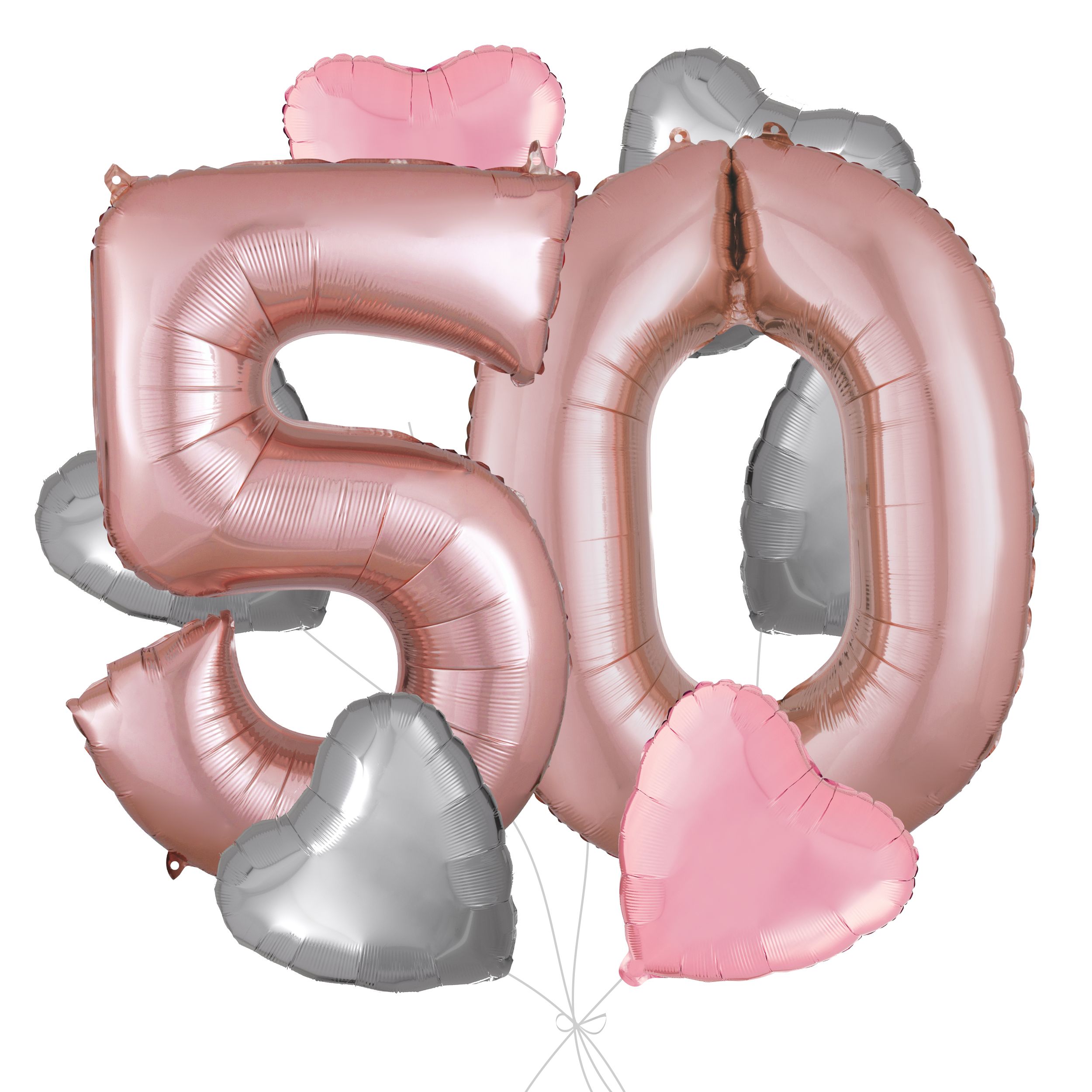 Number "50" Rose Gold Balloon Bouquet with Heart Foil Balloons, Silver/Pink, 8-pk, Helium Inflation & Ribbon Included for Birthday/Anniversary Front_Flat