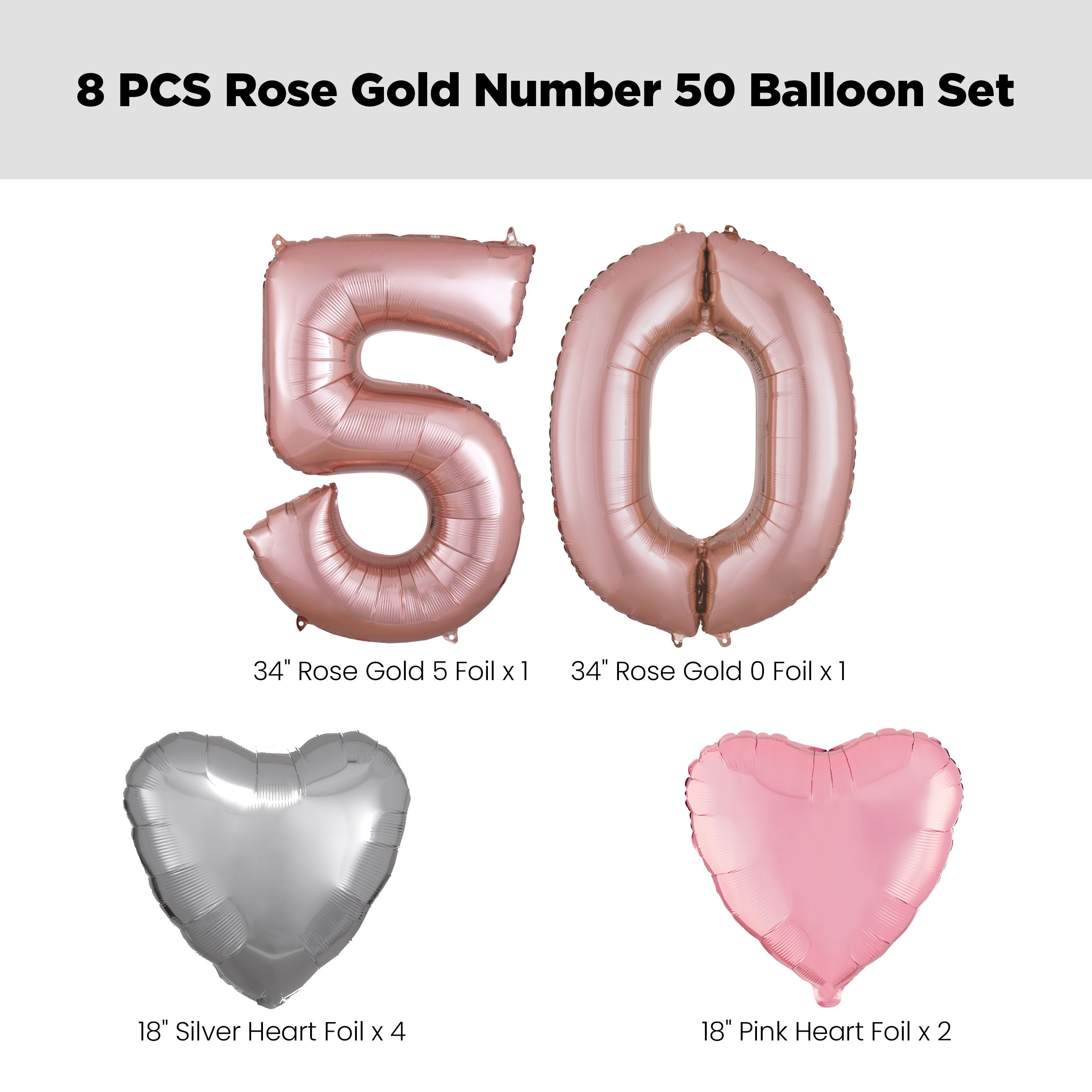 Number "50" Rose Gold Balloon Bouquet with Heart Foil Balloons, Silver/Pink, 8-pk, Helium Inflation & Ribbon Included for Birthday/Anniversary Front_Flat
