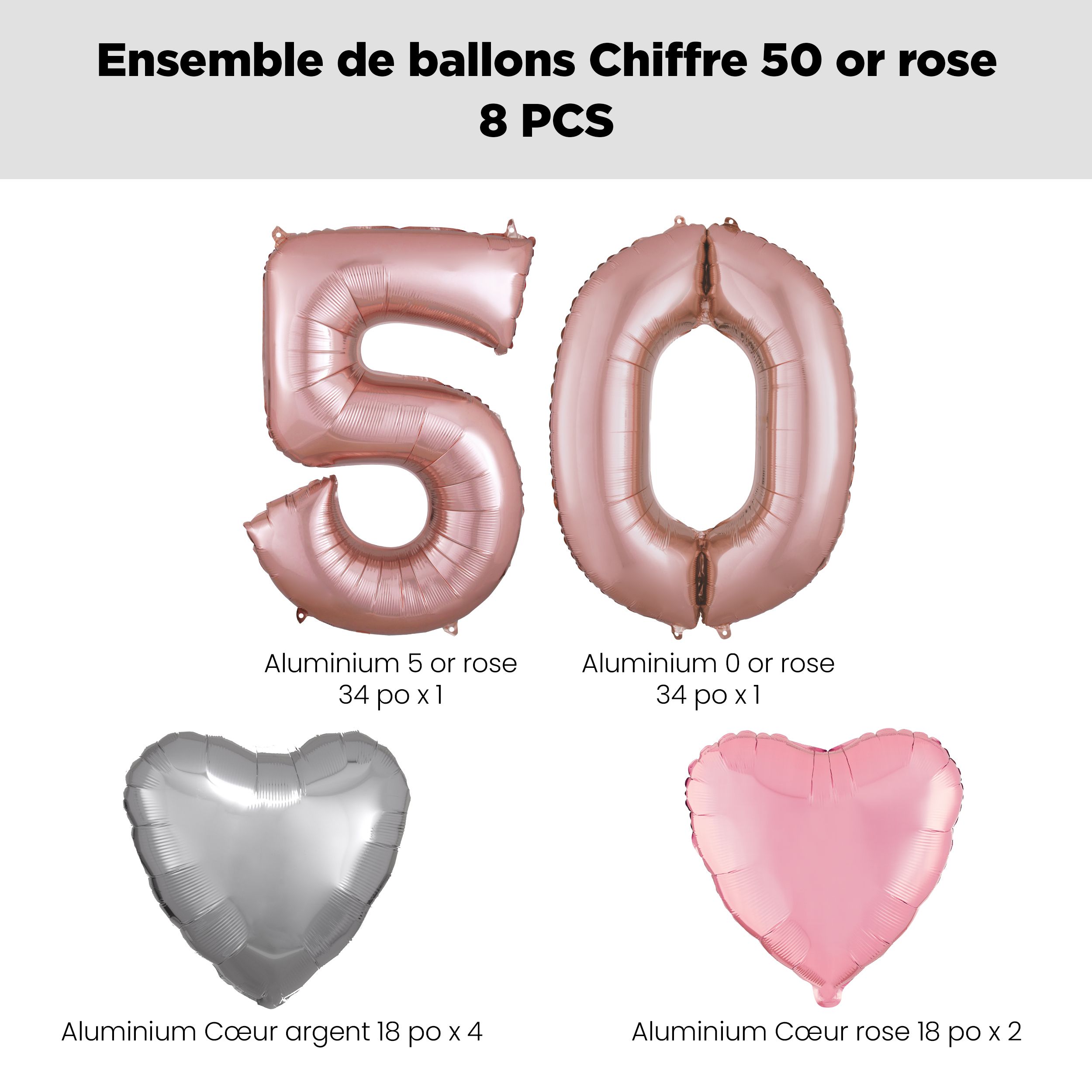 Bouquet de ballons, chiffre 50 or rose avec ballons en aluminium en forme de coeur, argent/rose, paq. 8, gonflage à l'hélium et ruban inclus pour anniversaire Front_Flat