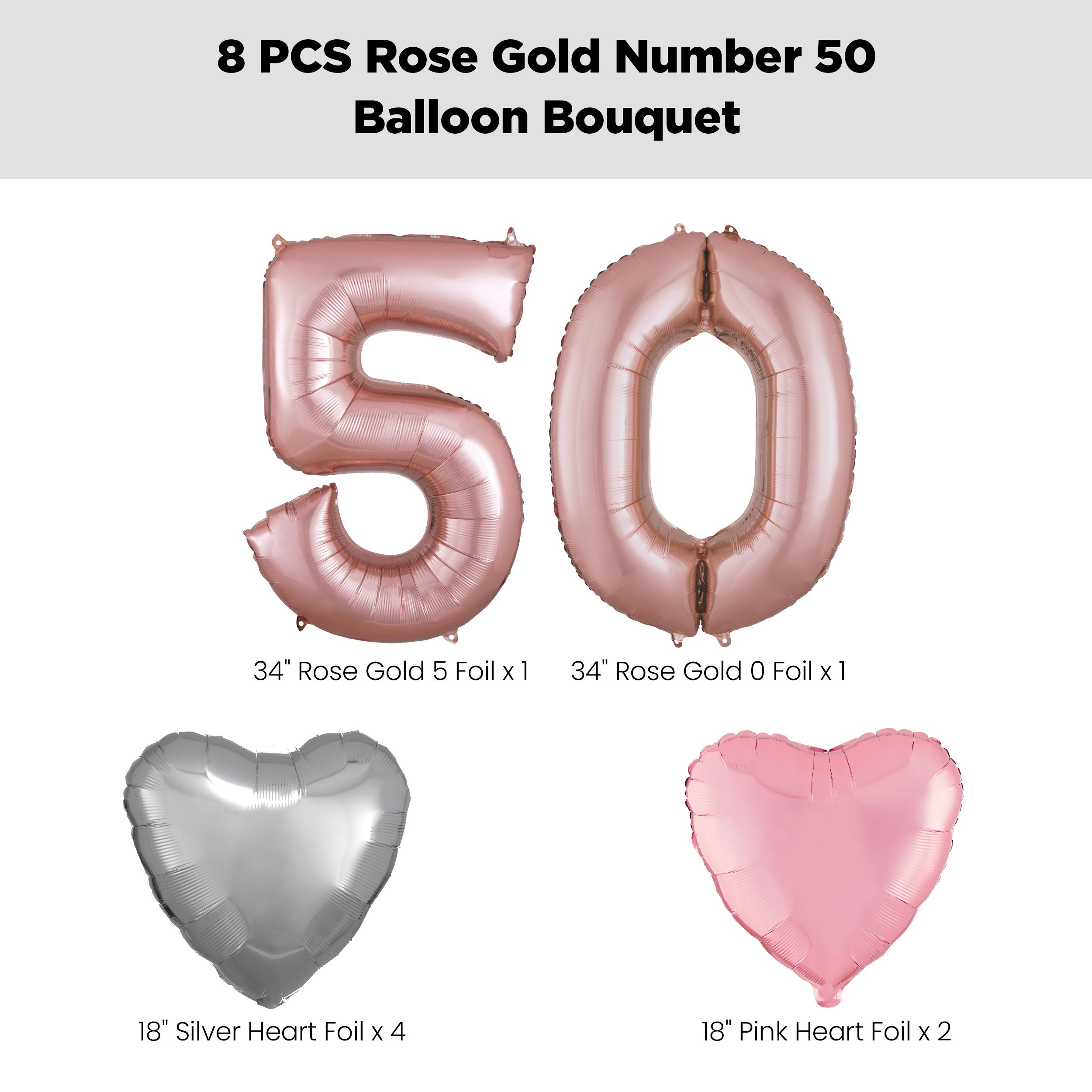 Number "50" Rose Gold Balloon Bouquet with Heart Foil Balloons, Silver/Pink, 8-pk, Helium Inflation & Ribbon Included for Birthday/Anniversary Front_Flat
