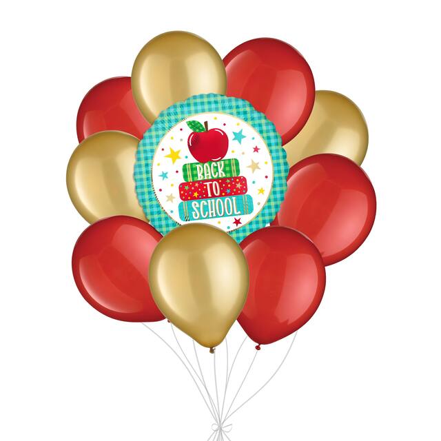 Bouquet de ballons sur le thème de la rentrée des classes dotés d’une image de pomme et de livres et avec ballons en latex rouges et dorés, paq.&nbsp;10, gonflage à l’hélium et ruban compris Front_Flat