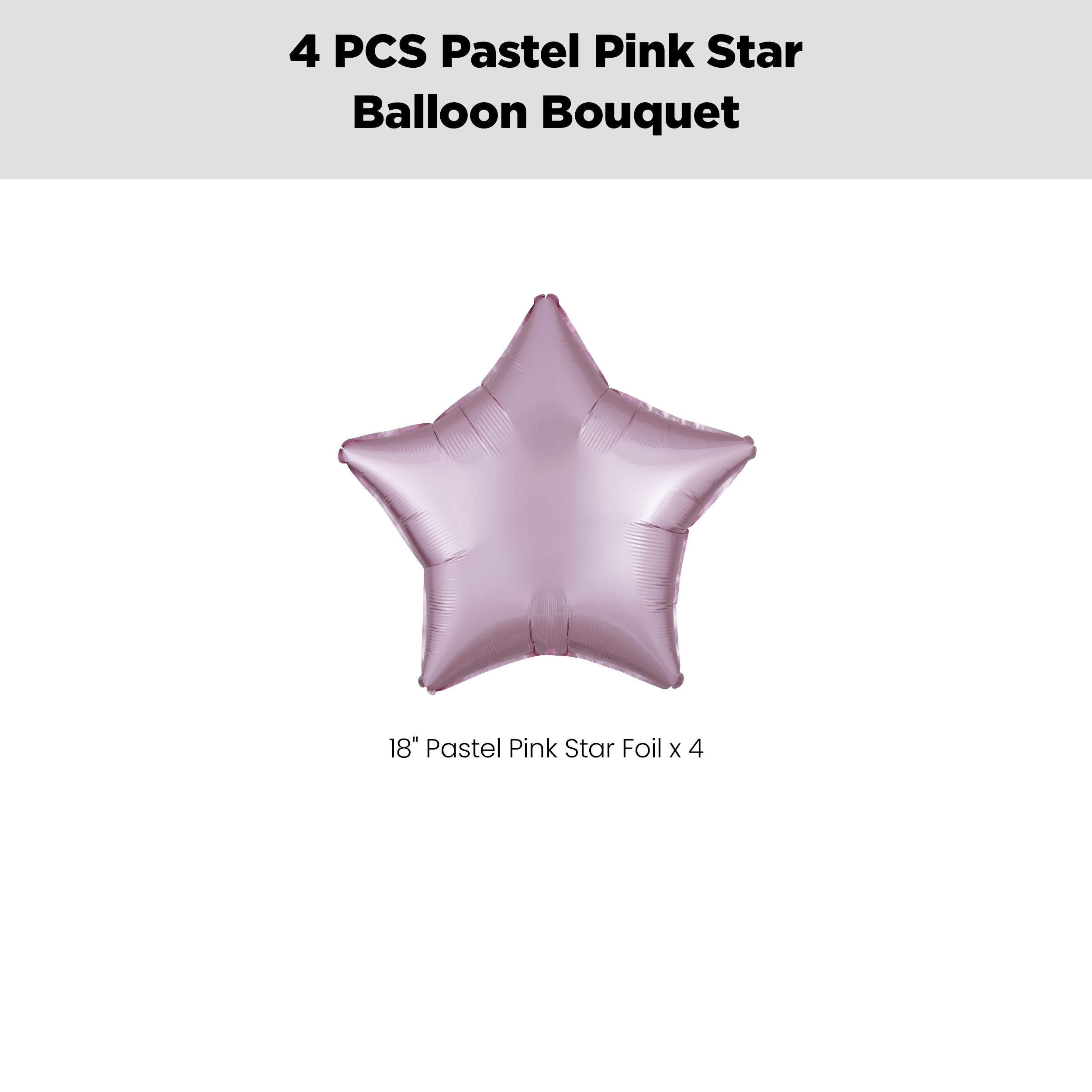 Star Foil Balloon Bouquet, Pastel Pink, 4-pk, Helium Inflation & Ribbon Included for Birthday/Special Occasion Front_Flat