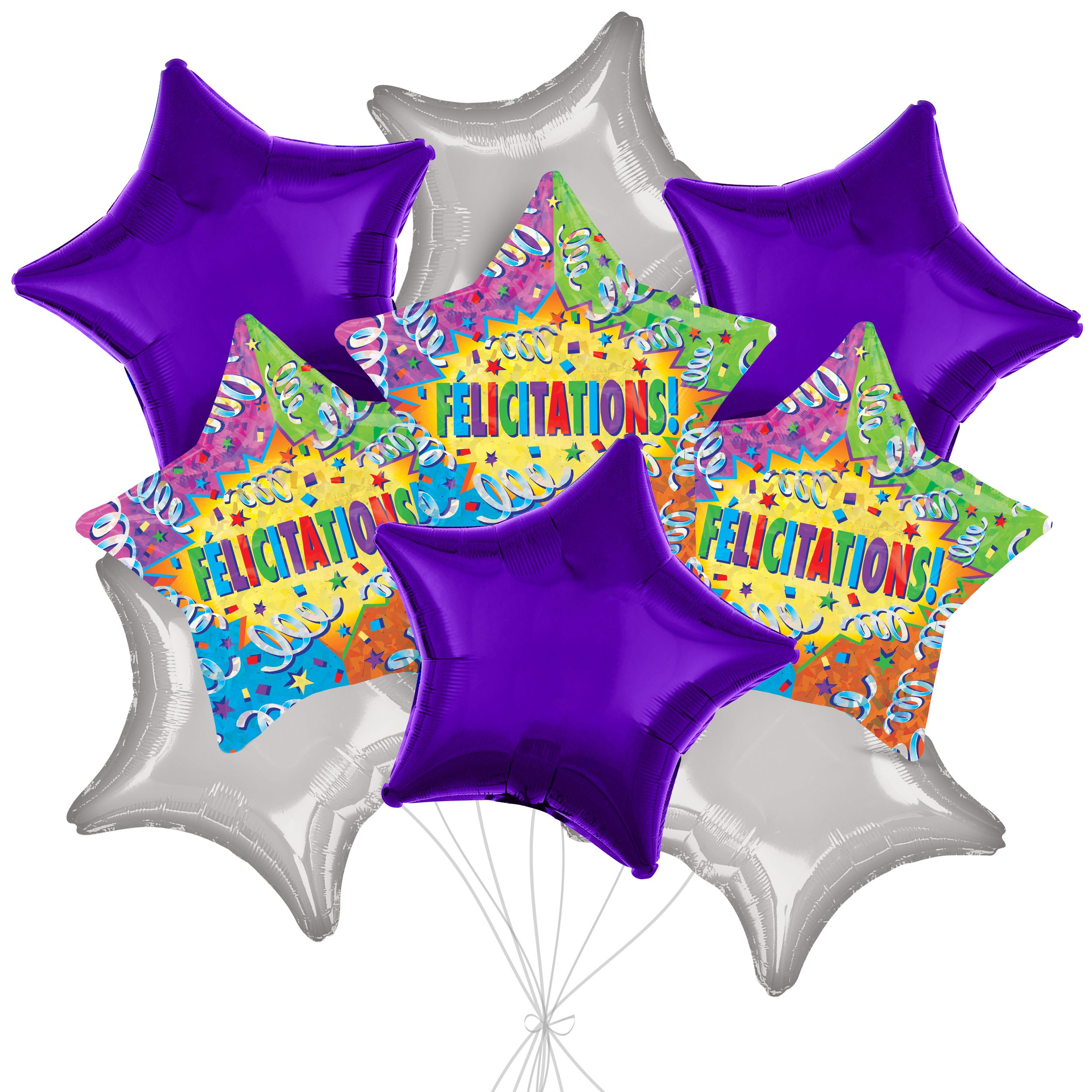 Bouquet de ballons métalliques satinés Félicitations avec ballons métalliques étoilés, multicolore, paq. 9, gonflage à l’hélium et ruban inclus Front_Flat
