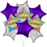Bouquet de ballons métalliques satinés Félicitations avec ballons métalliques étoilés, multicolore, paq. 9, gonflage à l’hélium et ruban inclus Front_Flat