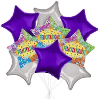 "Félicitations" French Star Satin Foil Balloon Bouquet with Star Foil Balloons, Multi-Coloured, 9-pk, Helium Inflation & Ribbon Included Front_Flat