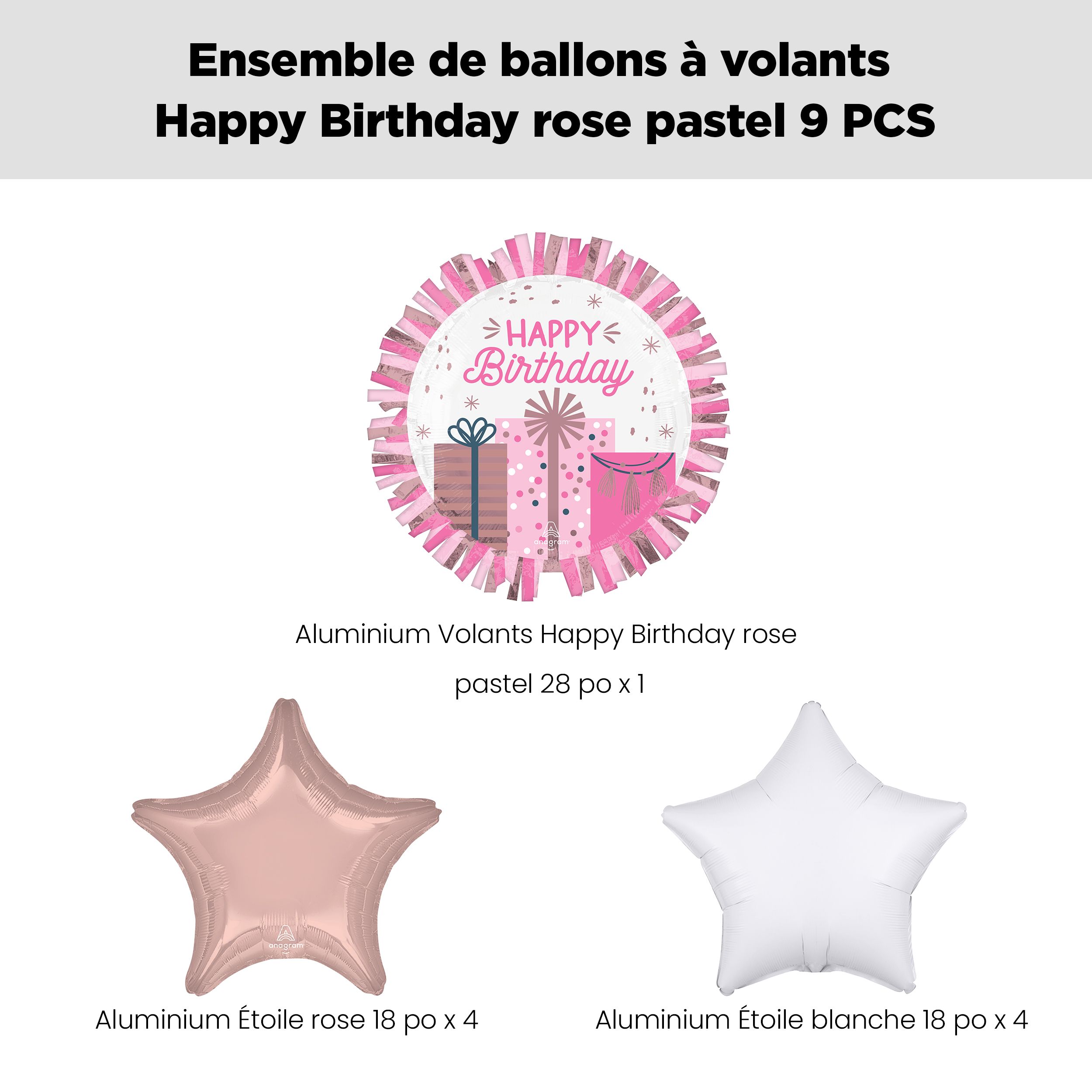 Bouquet de ballon géant Happy Birthday à volants rose pastel avec ballons en aluminium étoiles roses et blancs, 9 pièces, gonflement à l’hélium et ruban inclus Front_Flat