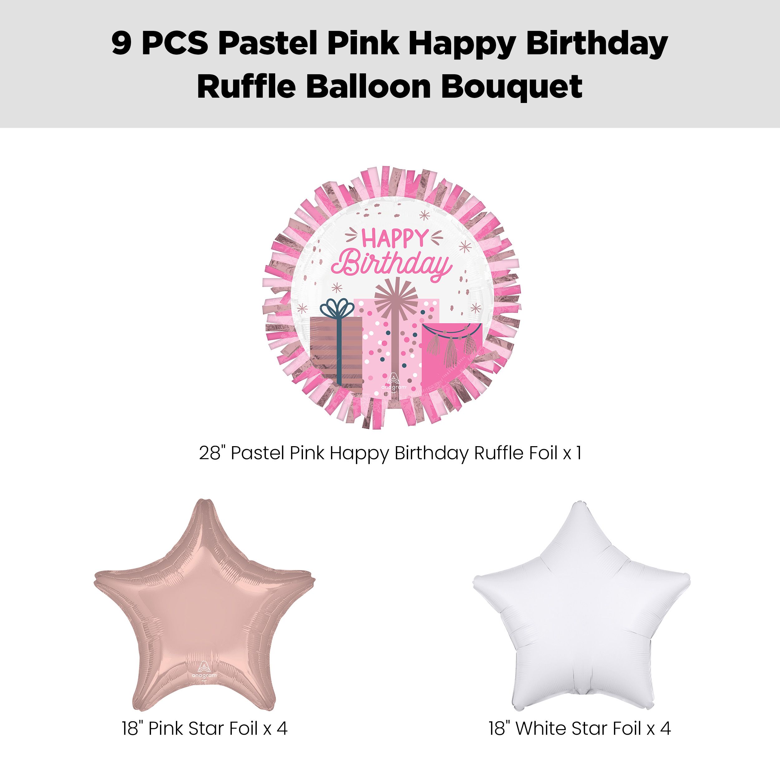 “Happy Birthday” Pastel Pink Ruffle Jumbo Balloon Bouquet with Star Foil Balloons, Pink/White, 9-pk, Helium Inflation & Ribbon Included Front_Flat