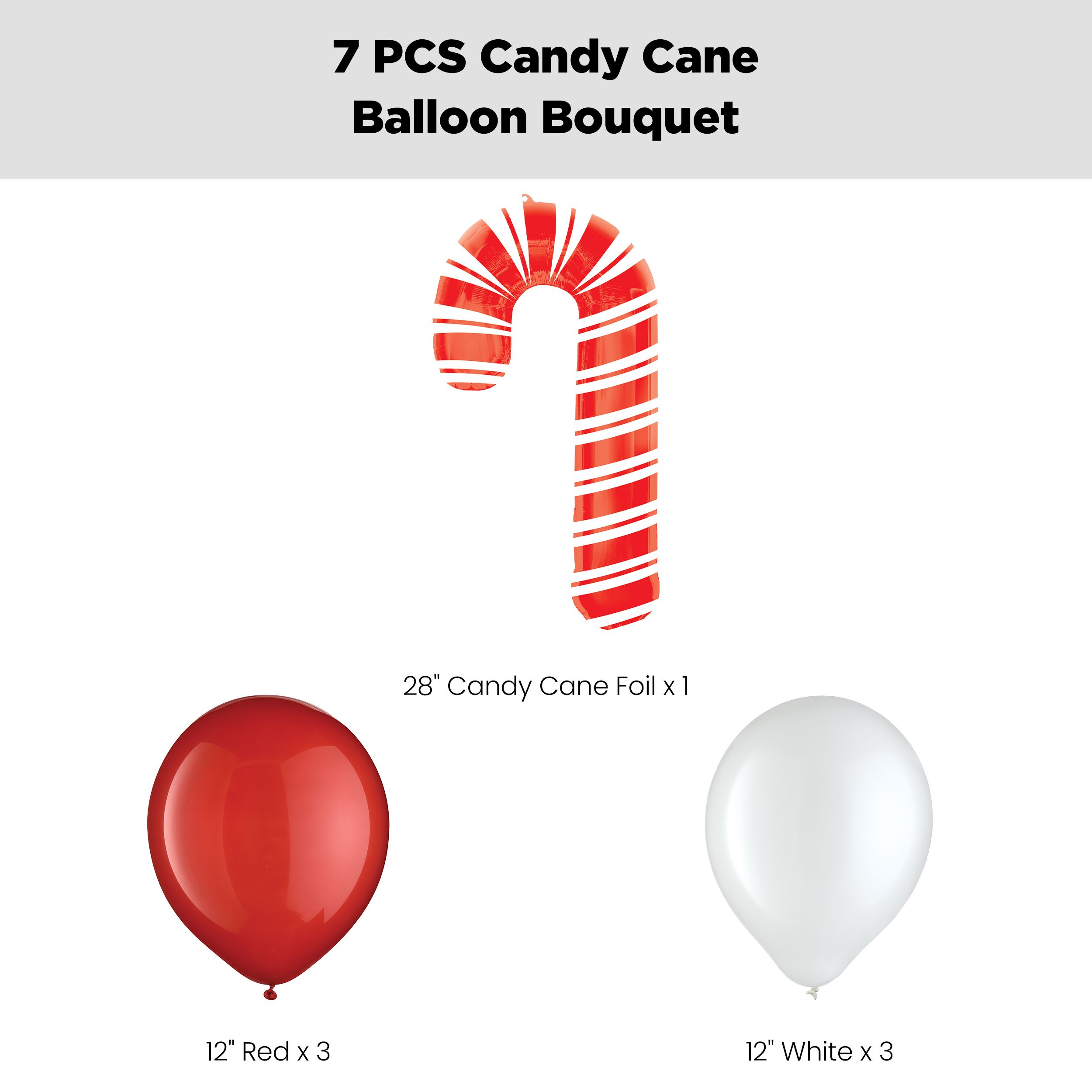 Candy Cane Supershape Balloon Bouquet with Latex Balloons, White/Red, 7-pk, Helium Inflation & Ribbon Included for Christmas/Winter Party Front_Flat