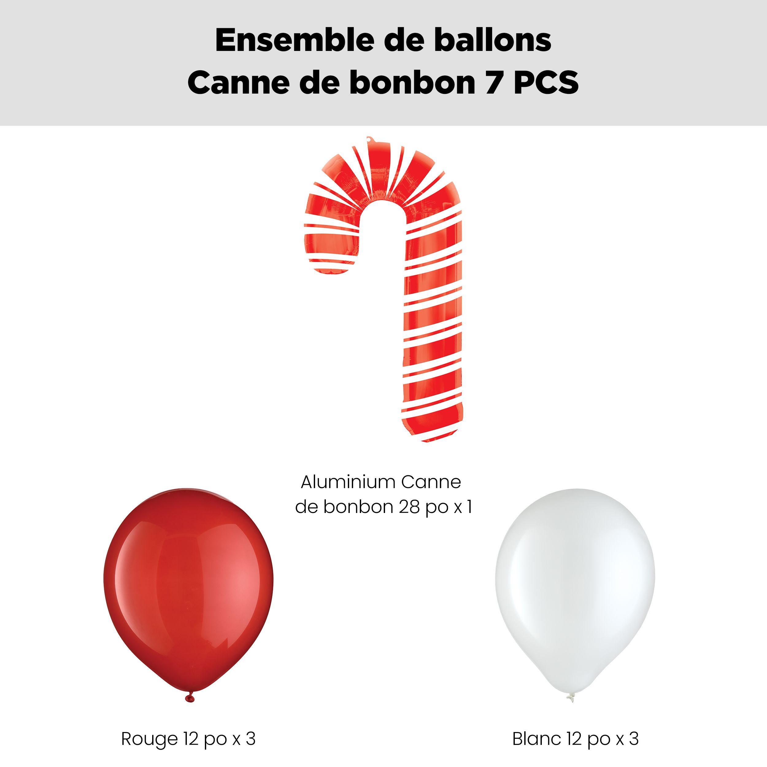 Bouquet de ballon géant en forme de canne de bonbon avec ballons en latex, blanc/rouge, 7&nbsp;pièces, gonflement à l’hélium et ruban inclus pour Noël/fête d’hiver Front_Flat