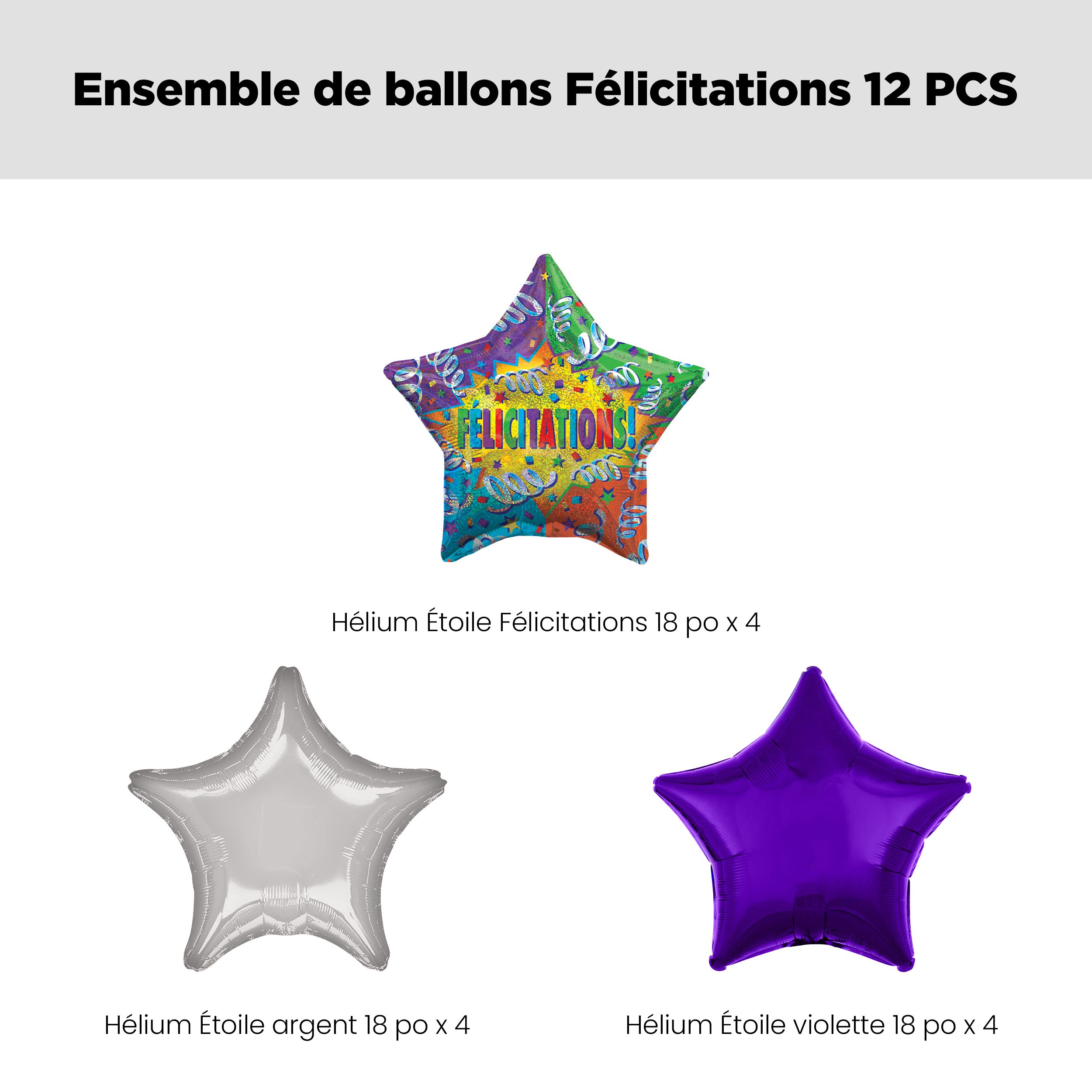 Bouquet de ballons métalliques satinés Félicitations avec ballons métalliques étoilés, multicolore, paq. 12, gonflage à l’hélium et ruban inclus Front_Flat