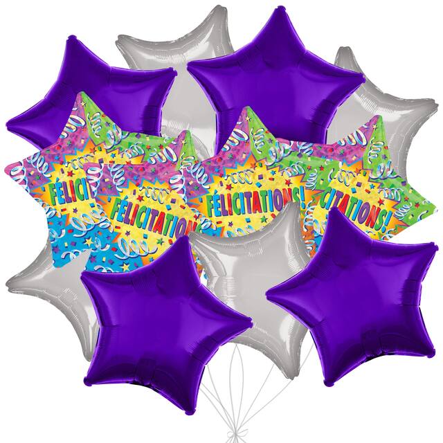 "Félicitations" French Star Satin Foil Balloon Bouquet with Star Foil Balloons, Multi-Coloured, 12-pk, Helium Inflation & Ribbon Included Front_Flat