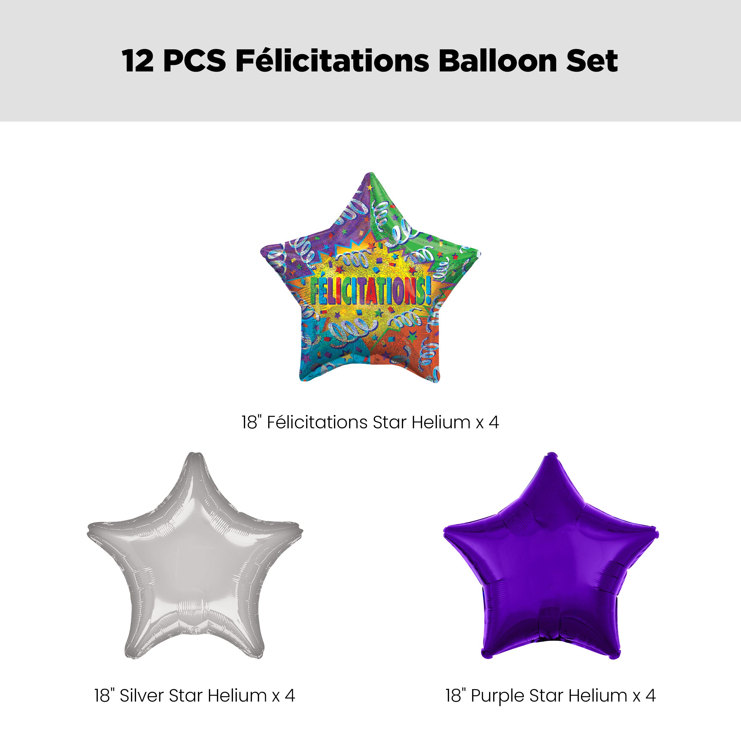"Félicitations" French Star Satin Foil Balloon Bouquet with Star Foil Balloons, Multi-Coloured, 12-pk, Helium Inflation & Ribbon Included Front_Flat
