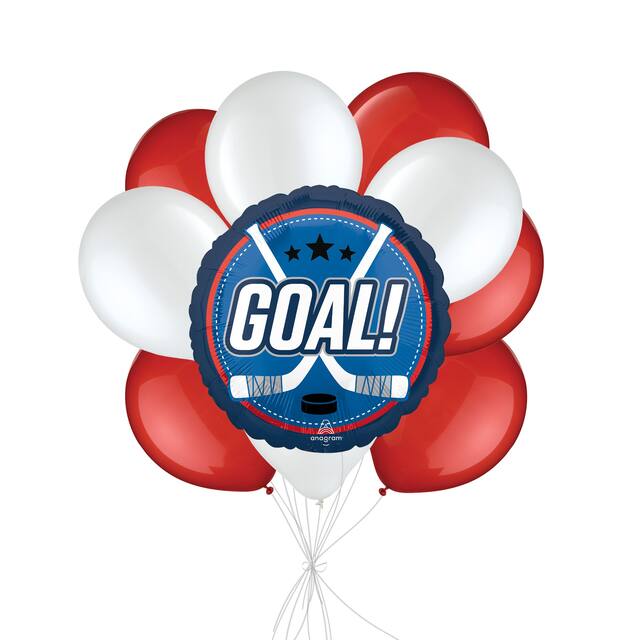 Team Canada Hockey "Goal!" Balloon Bouquet with Latex Balloons, Red/White, 10-pk, Helium Inflation & Ribbon Included for 2026 Winter Olympics Front_Flat