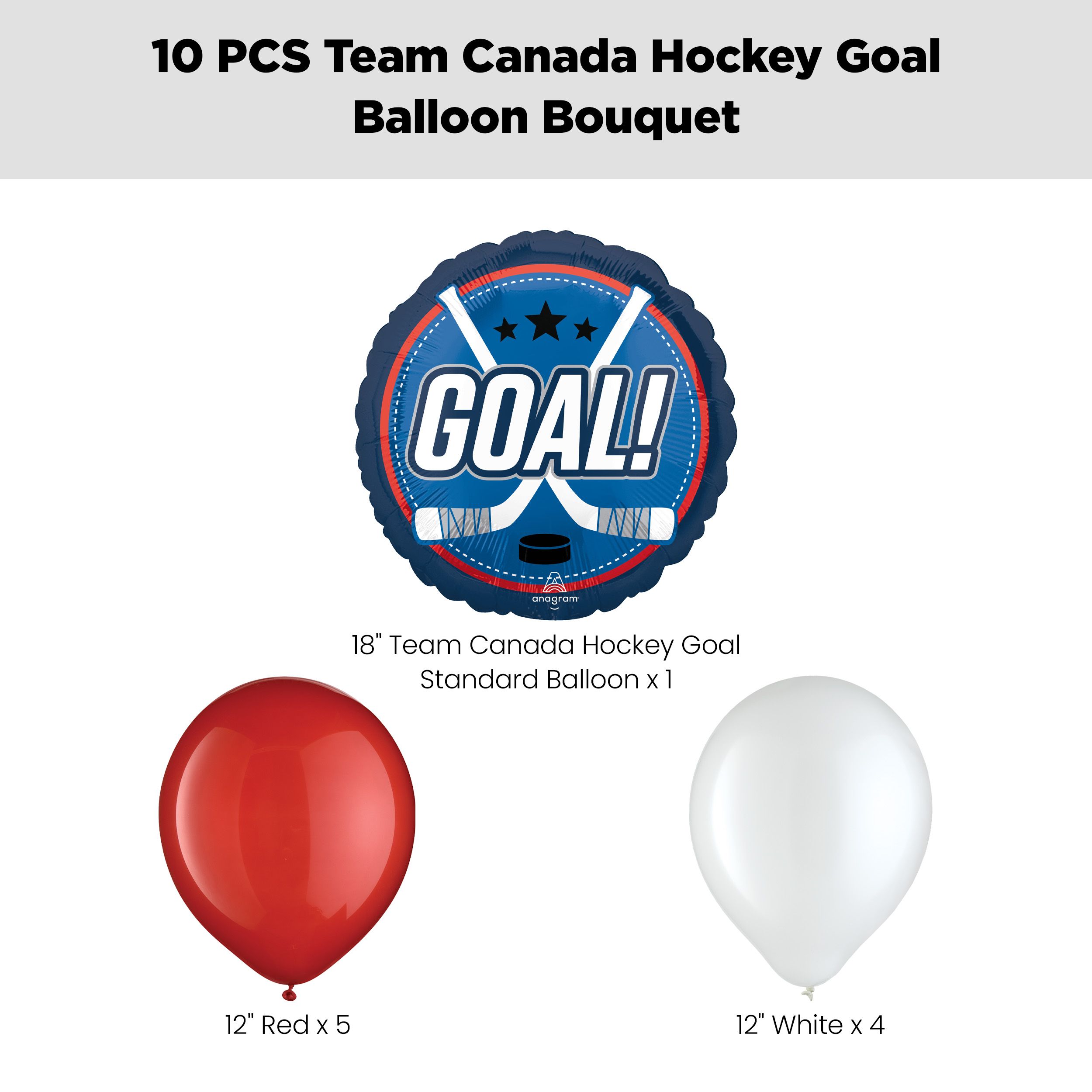 Team Canada Hockey "Goal!" Balloon Bouquet with Latex Balloons, Red/White, 10-pk, Helium Inflation & Ribbon Included for 2026 Winter Olympics Front_Flat