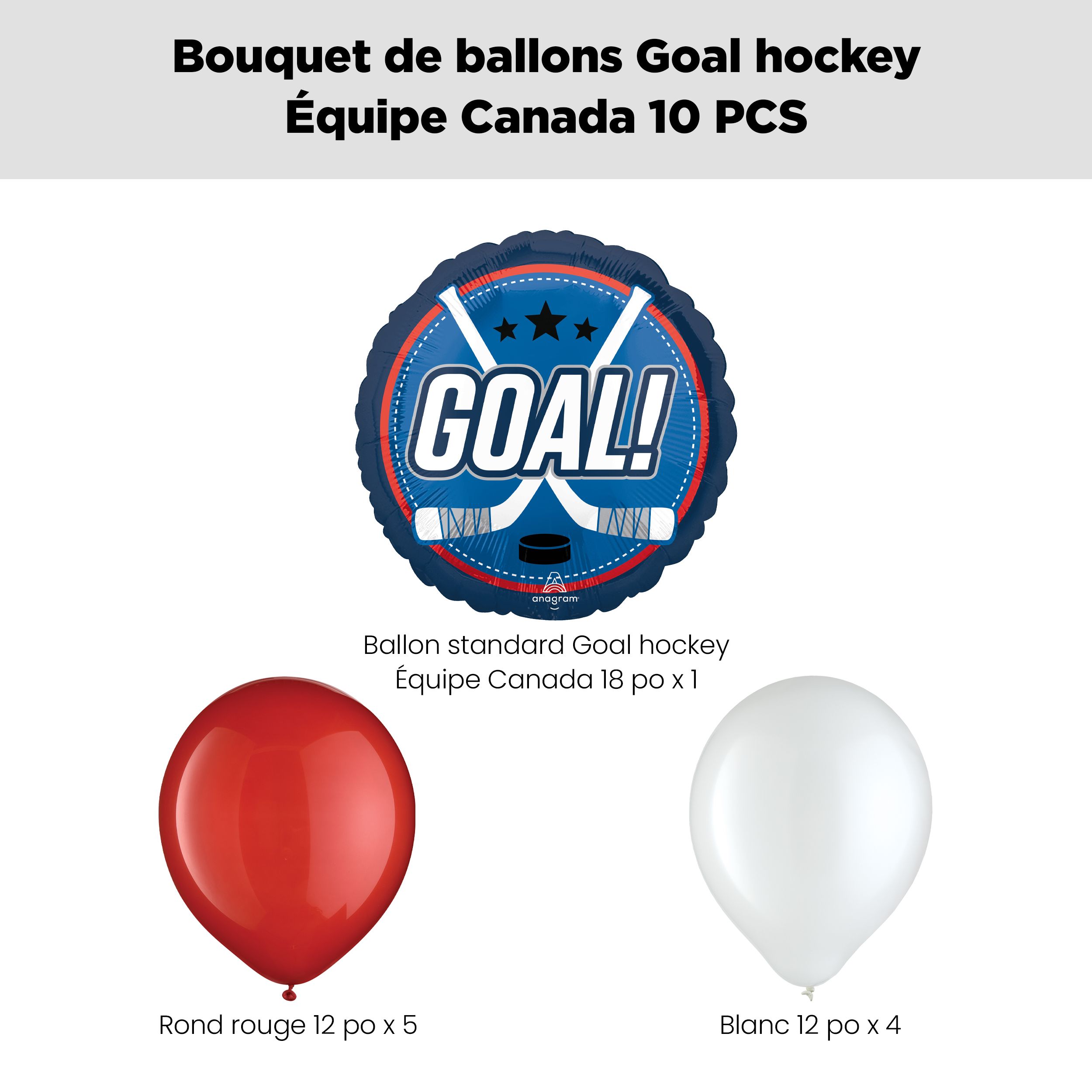 But de hockey Équipe&nbsp;Canada « Goal! » Bouquet de ballons avec ballons en latex, rouge et blanc, paq. 10, gonflage à l’hélium et ruban inclus pour les Olympiques d’hiver 2026 Front_Flat
