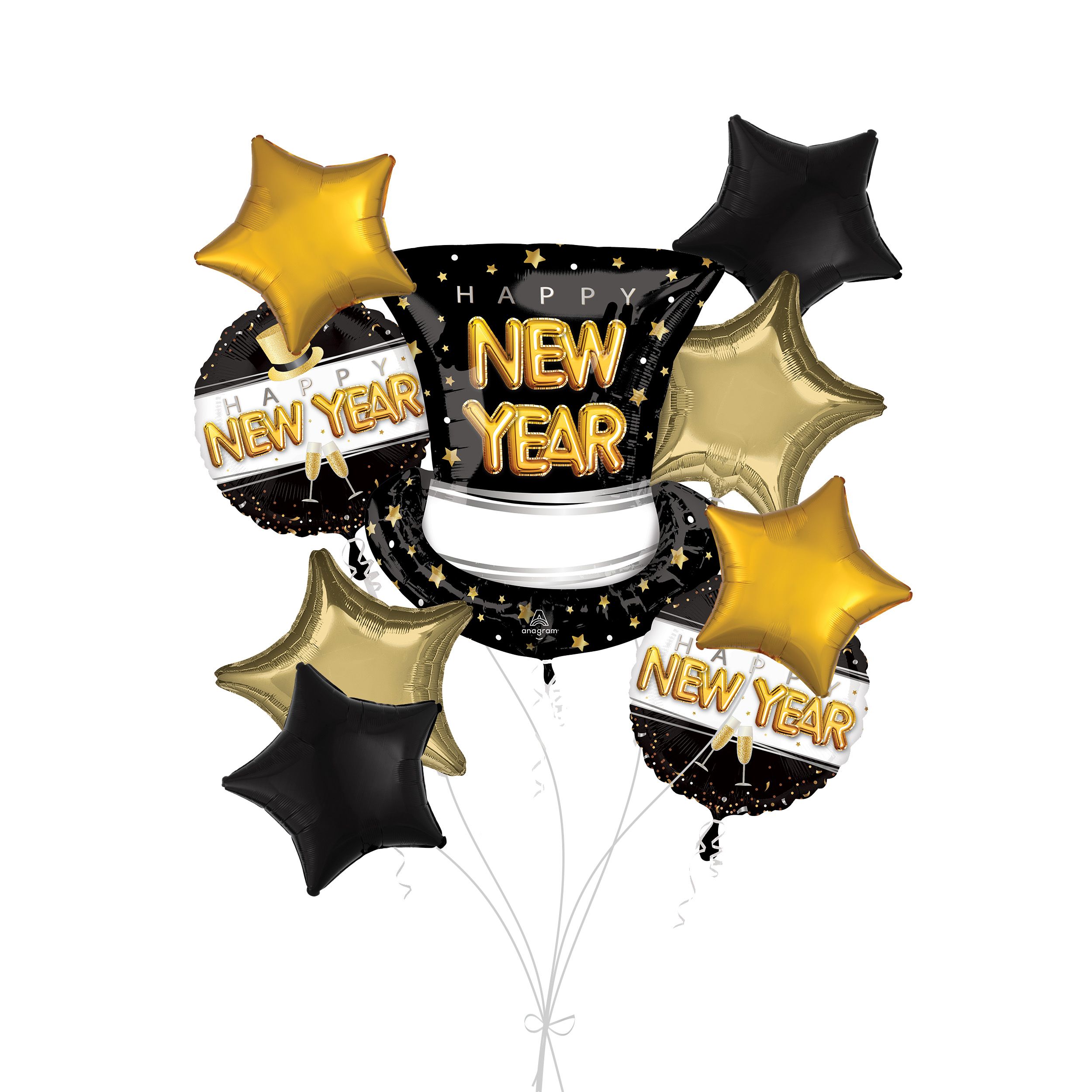 "Happy New Year" Top Hat/Star/Round Satin Foil Supershape Balloon Bouquet with Star Foil Balloons, Gold/Black, 9-pk, Helium Inflation & Ribbon Included Front_Flat