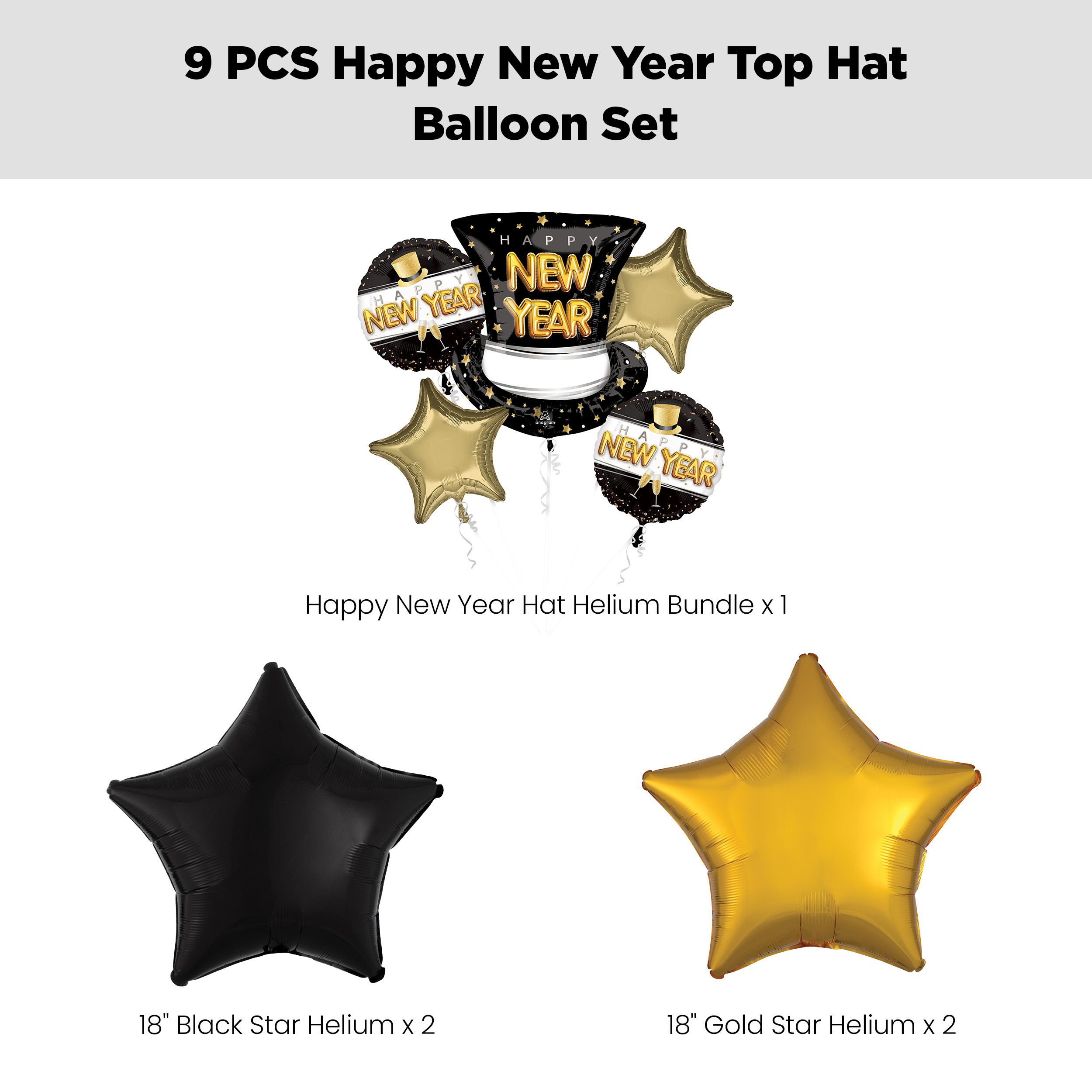 "Happy New Year" Top Hat/Star/Round Satin Foil Supershape Balloon Bouquet with Star Foil Balloons, Gold/Black, 9-pk, Helium Inflation & Ribbon Included Front_Flat