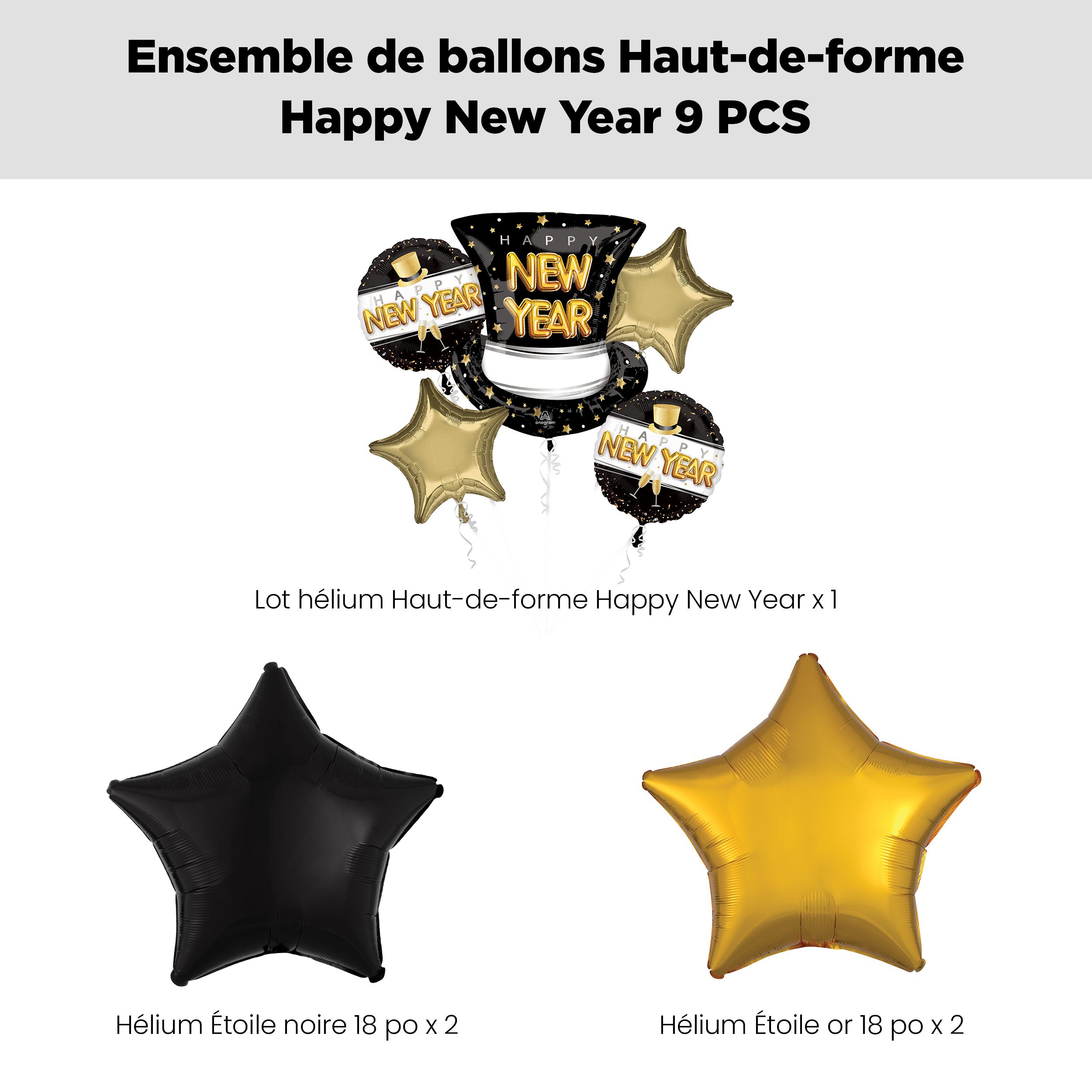 Bouquet de ballons géants métalliques satinés chapeau/étoiles/ronds Happy New Year avec ballons métalliques étoilés, doré/noir, paq. 9, gonflage à l’hélium et ruban inclus Front_Flat