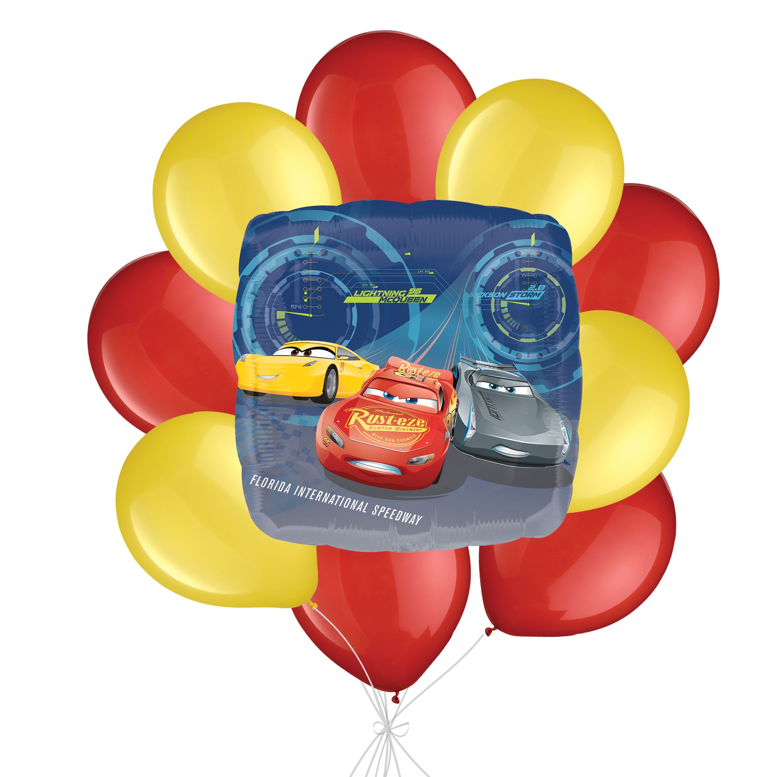 Bouquet de ballon Flash McQueen de Cars avec ballons en latex jaunes et rouges, 10 pièces, gonflement à l'hélium et ruban inclus, pour fête d’anniversaire d’enfant Front_Flat
