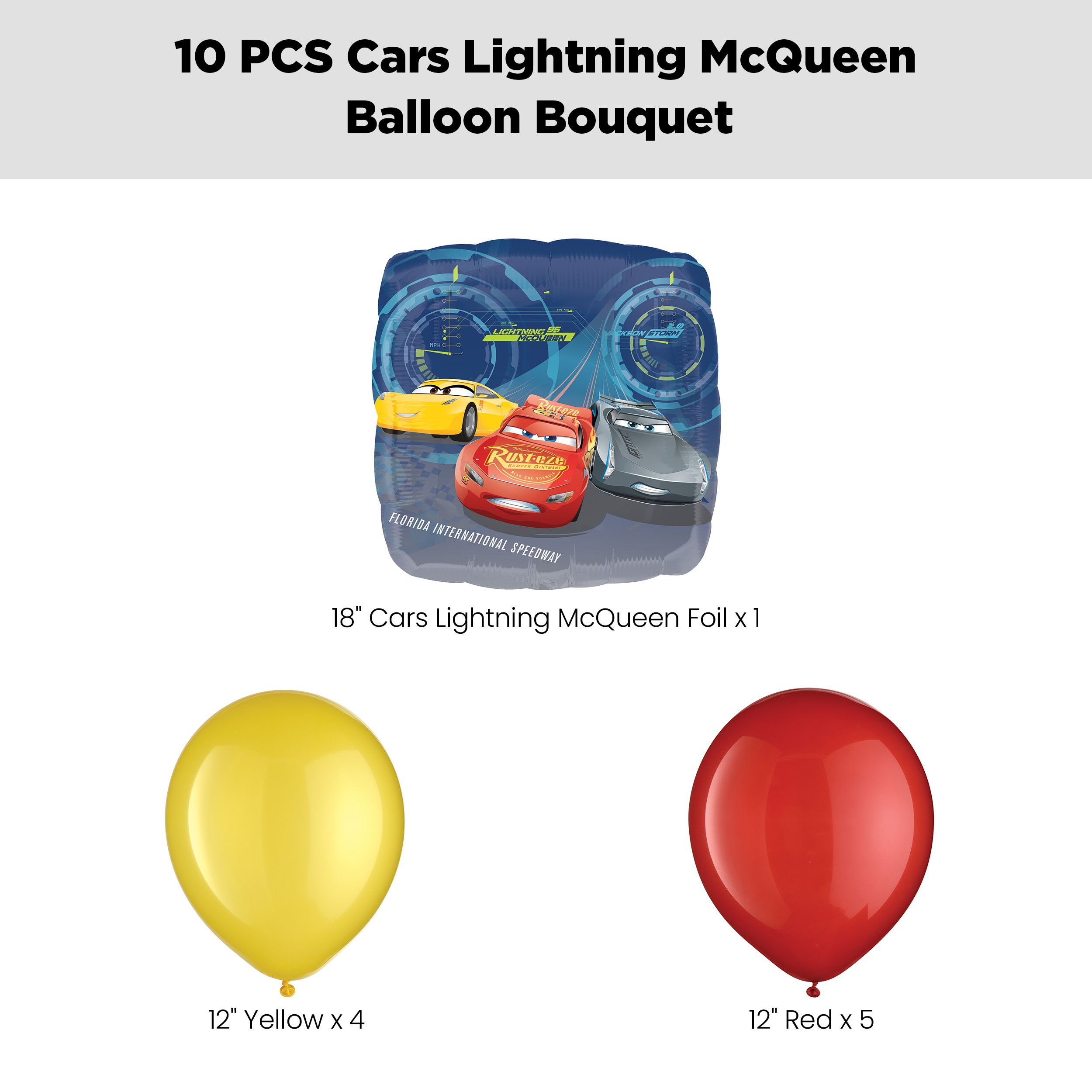 "Lightning Mcqueen" Cars Balloon Bouquet with Latex Balloons, Yellow/Red, 10-pk, Helium Inflation & Ribbon Included for Kids’ Birthday Front_Flat