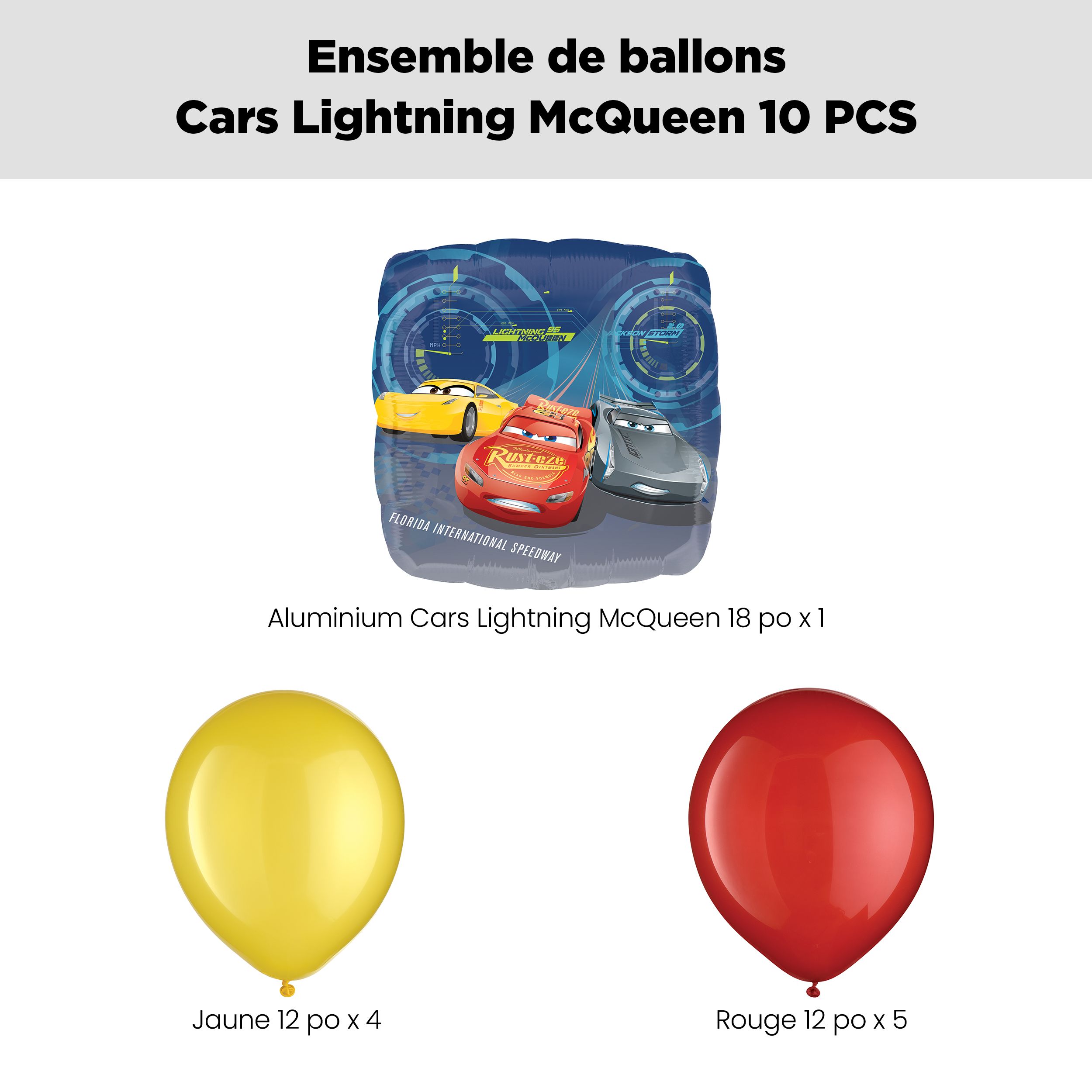 Bouquet de ballon Flash McQueen de Cars avec ballons en latex jaunes et rouges, 10 pièces, gonflement à l'hélium et ruban inclus, pour fête d’anniversaire d’enfant Front_Flat