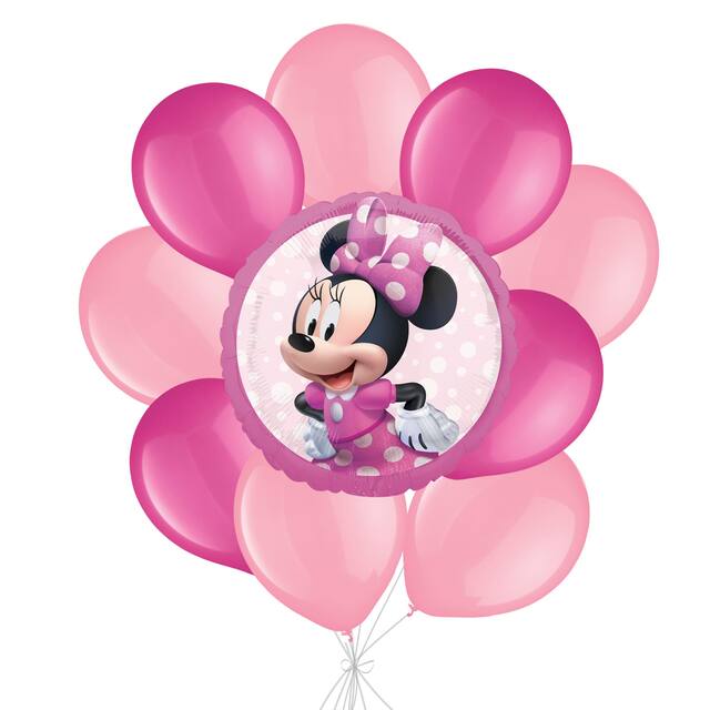 Minnie Mouse Forever Balloon Bouquet with Latex Balloons, Pink, 10-pk, Helium Inflation & Ribbon Included for Kids’ Birthday Front_Flat