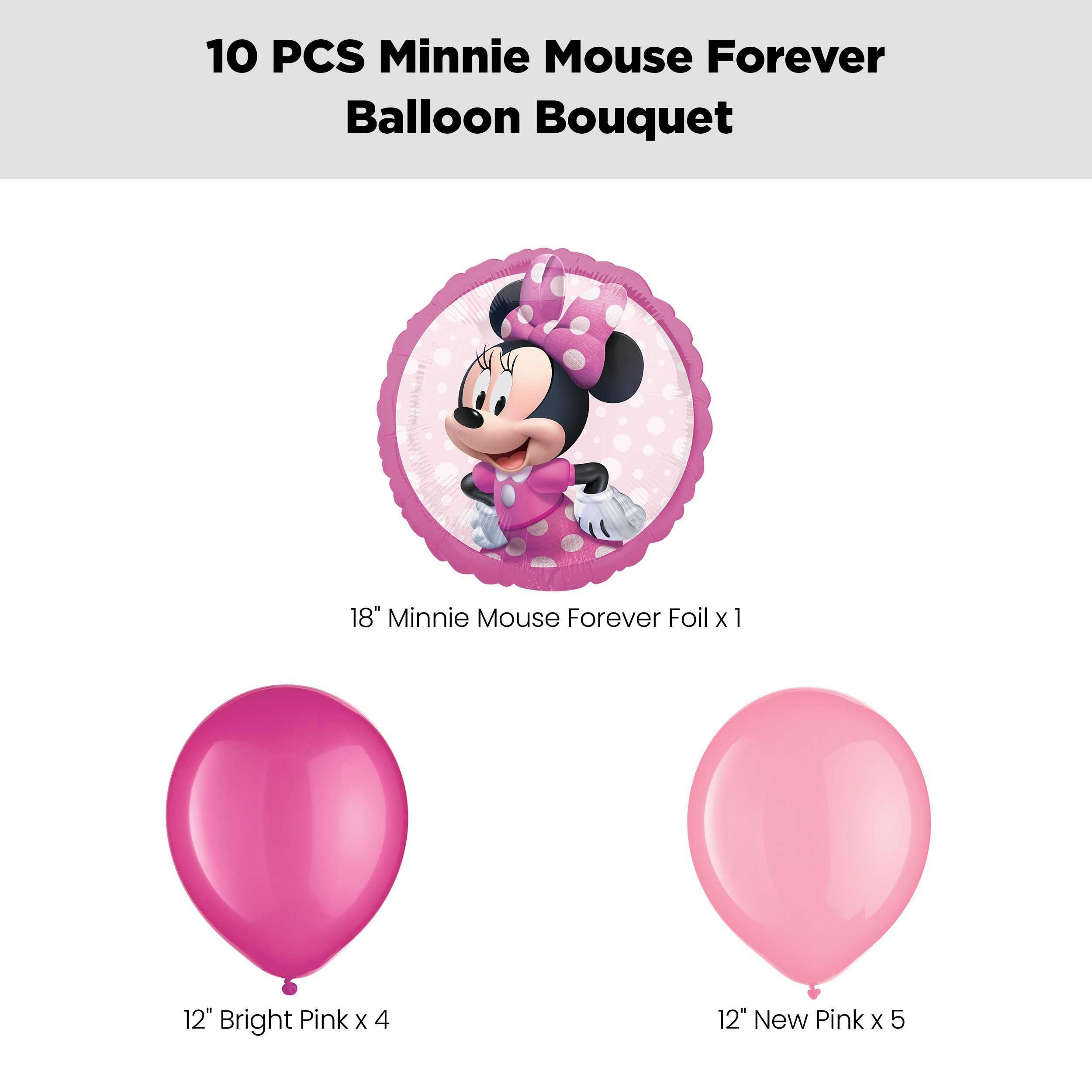 Minnie Mouse Forever Balloon Bouquet with Latex Balloons, Pink, 10-pk, Helium Inflation & Ribbon Included for Kids’ Birthday Front_Flat