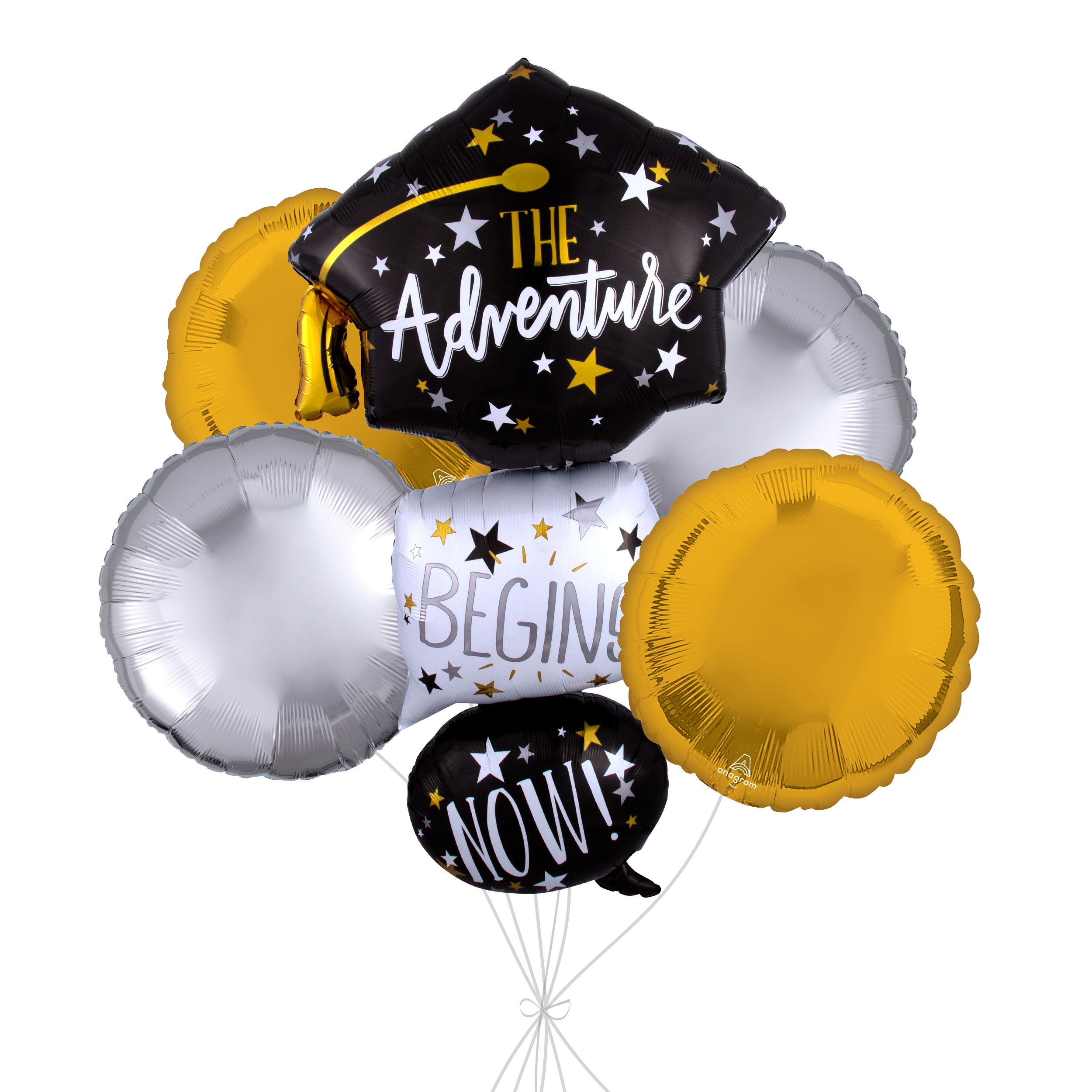 Bouquet de ballons superposé mortier «&nbsp;The Adventure Begins Now&nbsp;» avec ballons ronds en aluminium dorés et argentés, paq. 5, gonflage à l’hélium et ruban inclus Front_Flat