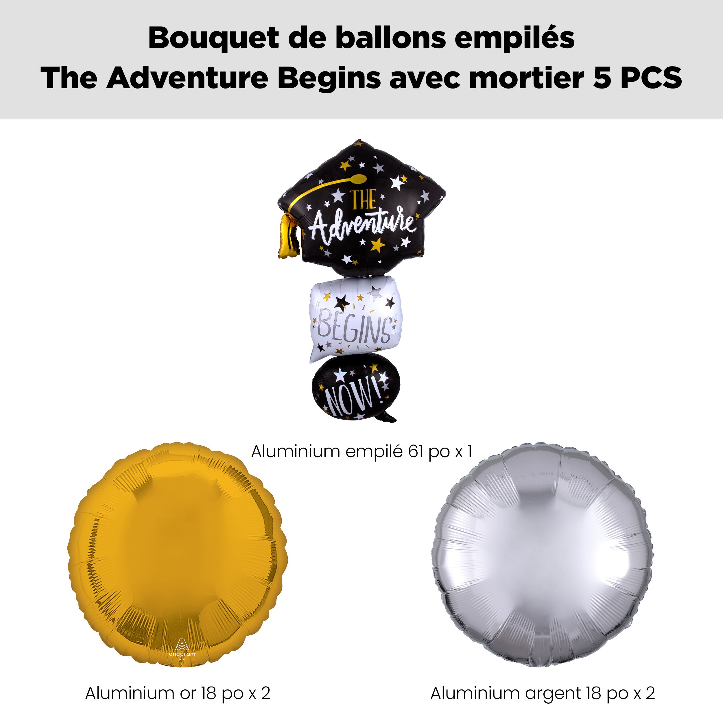 Bouquet de ballons superposé mortier «&nbsp;The Adventure Begins Now&nbsp;» avec ballons ronds en aluminium dorés et argentés, paq. 5, gonflage à l’hélium et ruban inclus Front_Flat