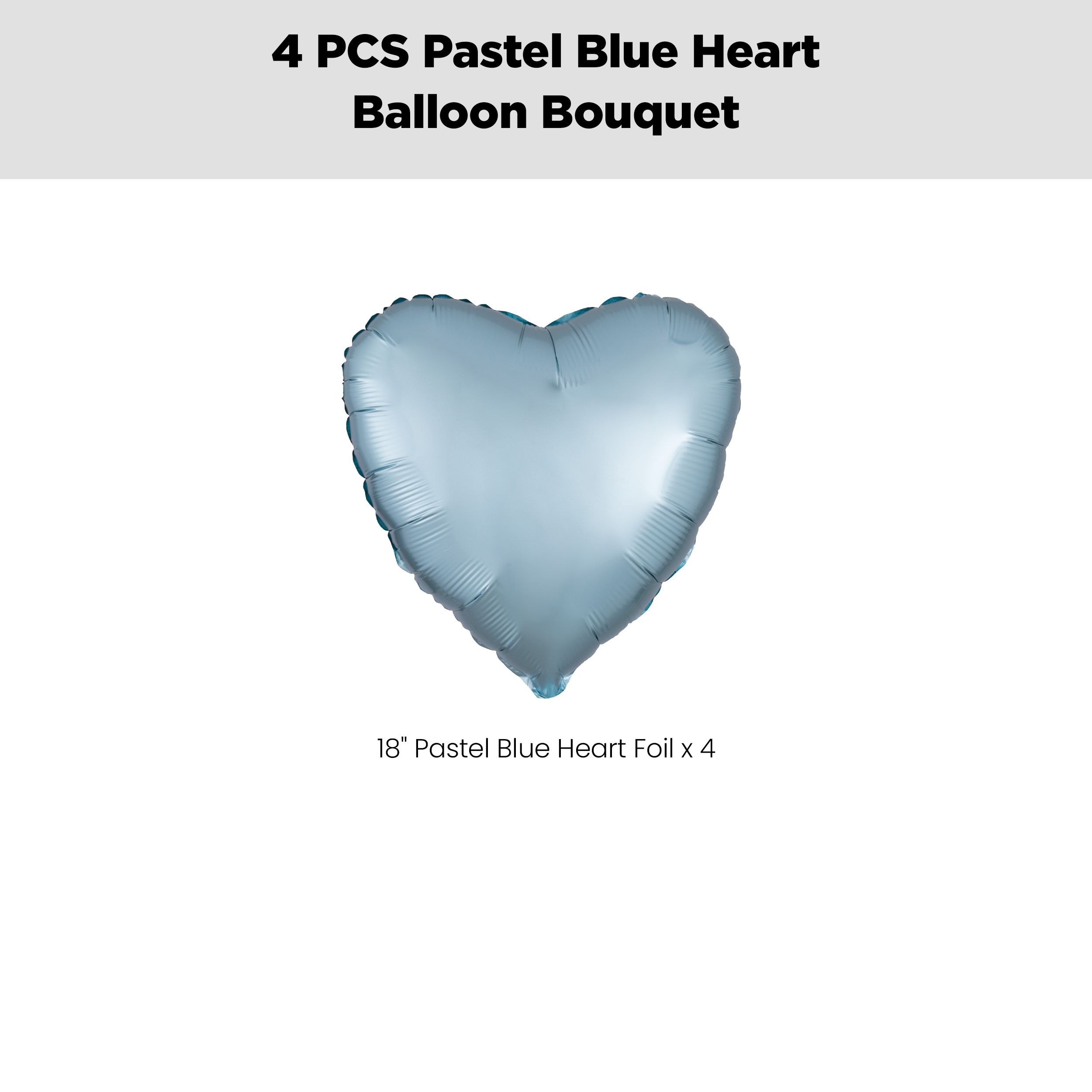 Heart Foil Balloon Bouquet, Pastel Blue, 4-pk, Helium Inflation & Ribbon Included for Birthday/Special Occasion Front_Flat