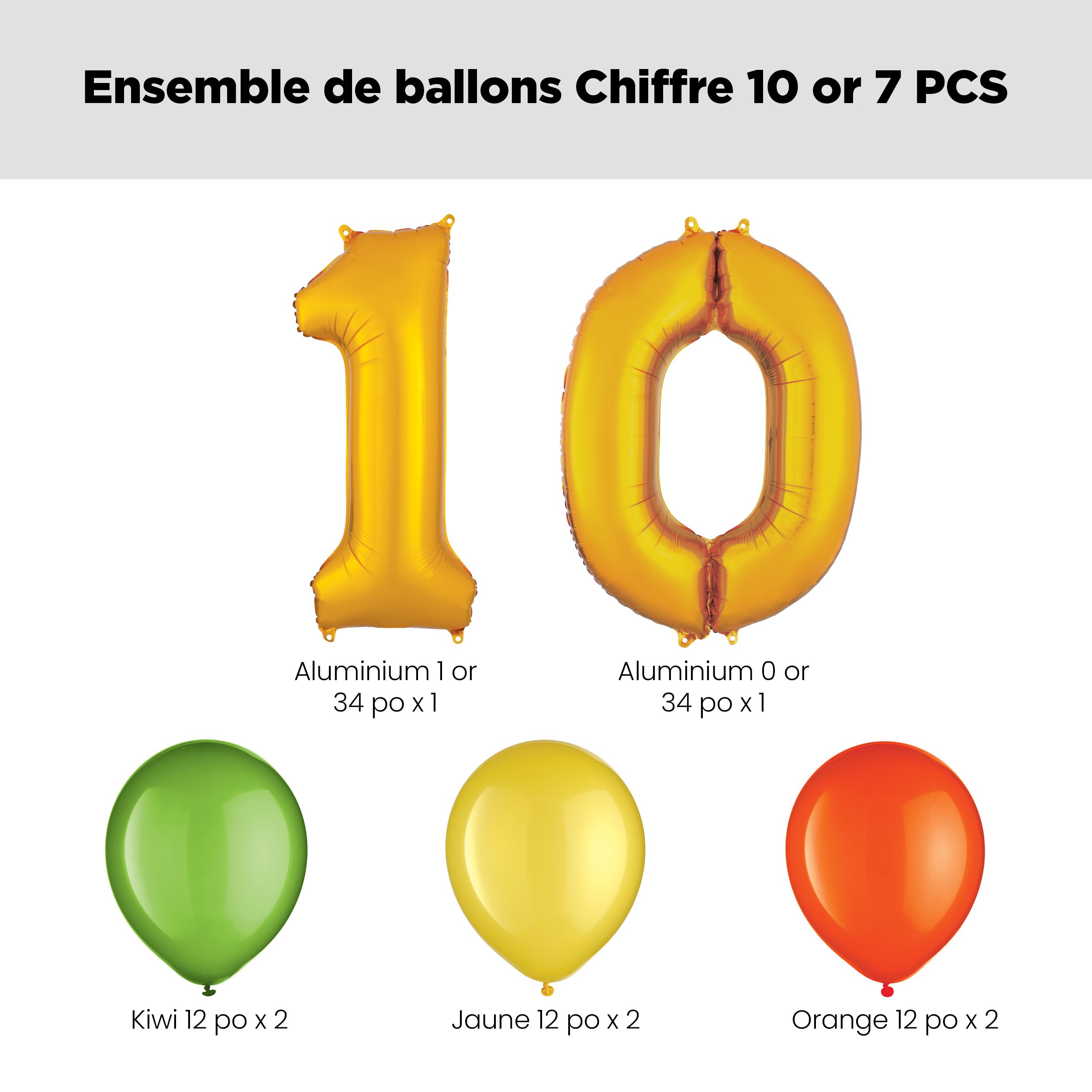 Bouquet de ballons, chiffre 10 doré avec ballons en latex, kiwi/jaune/orange, paq. 8, gonflage à l'hélium et ruban inclus pour anniversaire Front_Flat
