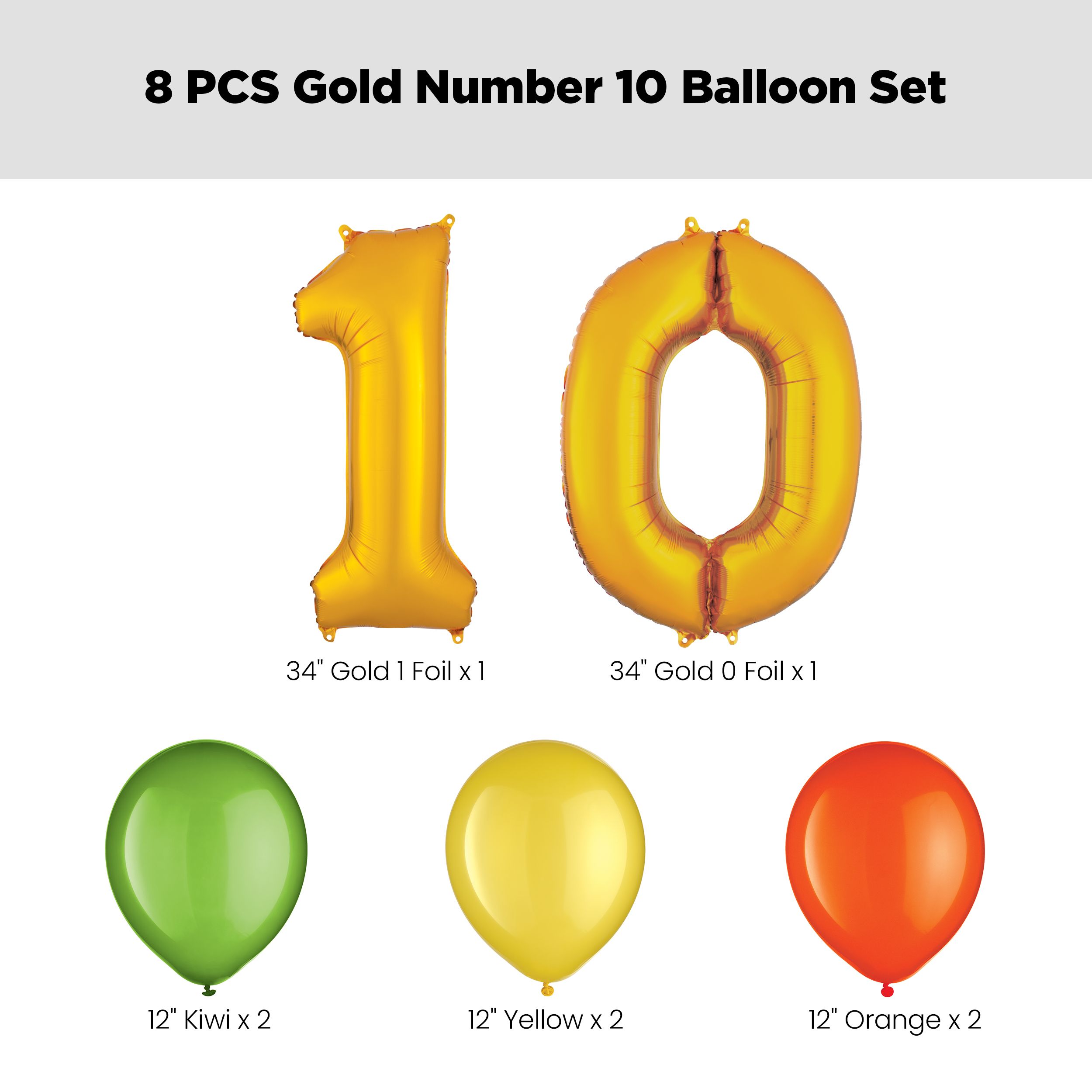 Number "10" Gold Balloon Bouquet with Latex Balloons, Kiwi/Yellow/Orange, 8-pk, Helium Inflation & Ribbon Included for Birthday/Anniversary Front_Flat