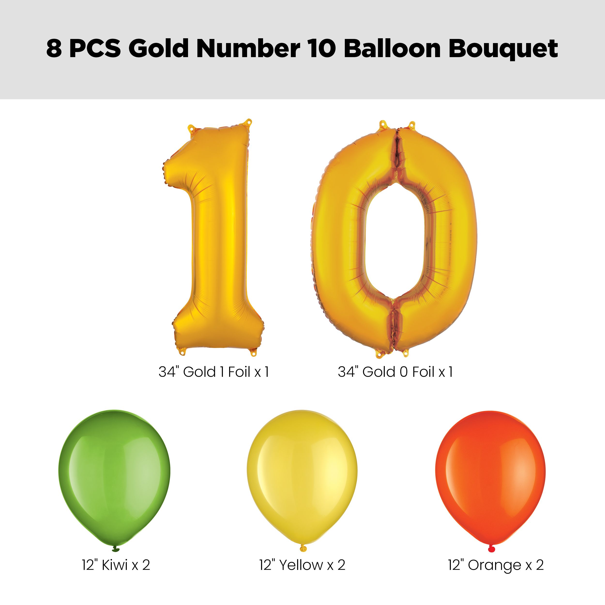 Number "10" Gold Balloon Bouquet with Latex Balloons, Kiwi/Yellow/Orange, 8-pk, Helium Inflation & Ribbon Included for Birthday/Anniversary Front_Flat