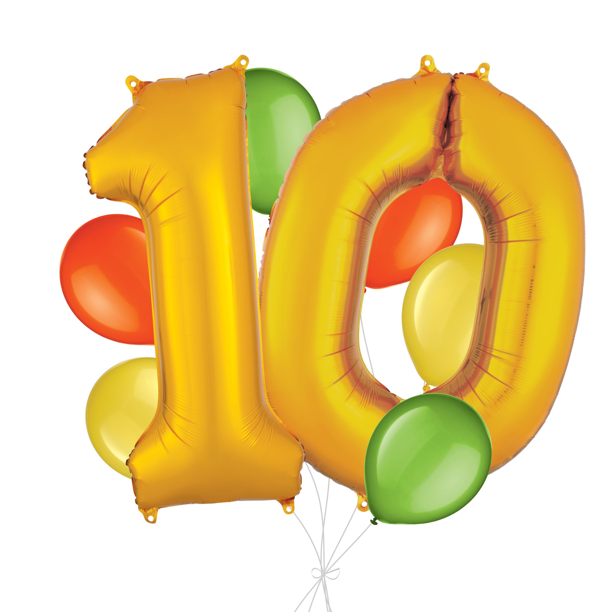 Number "10" Gold Balloon Bouquet with Latex Balloons, Kiwi/Yellow/Orange, 8-pk, Helium Inflation & Ribbon Included for Birthday/Anniversary Front_Flat