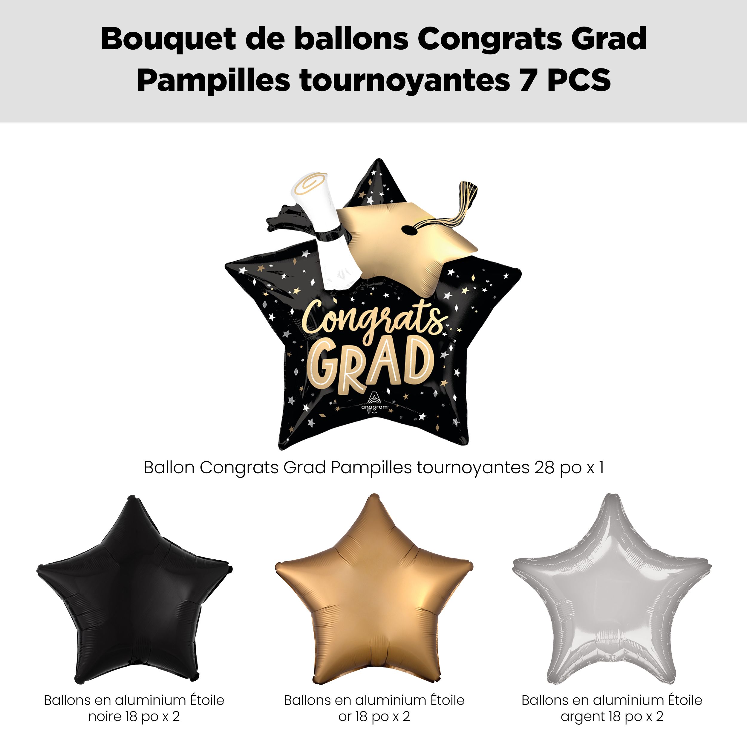 Bouquet de ballons Supershape Congrats Grad Twirling Tassels avec ballons étoiles en aluminium, doré/argenté/noir, paq. 7, gonflage à l'hélium et ruban inclus Front_Flat