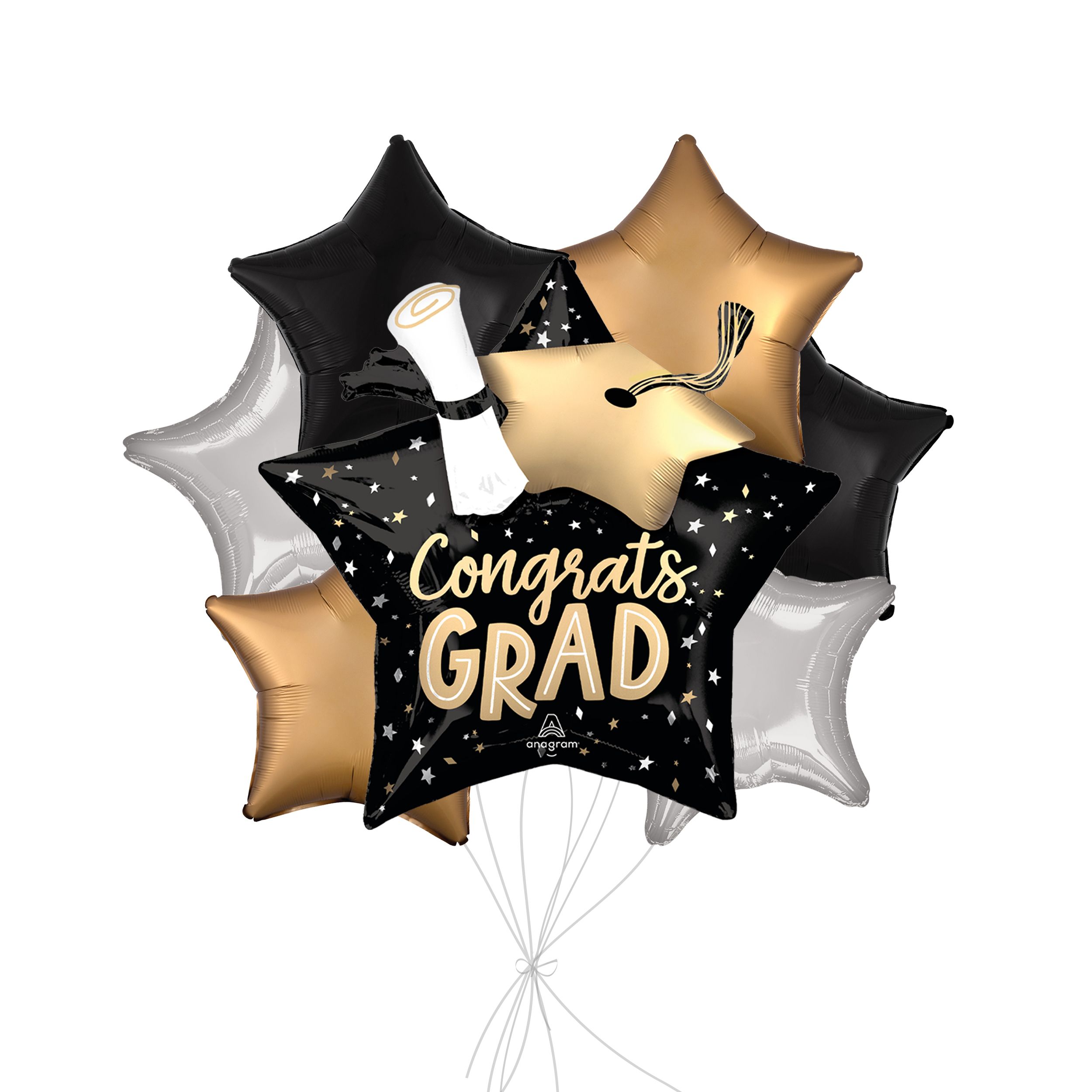 “Congrats Grad” Twirling Tassels Supershape Balloon Bouquet with Star Foil Balloons, Black/Gold/Silver, 7-pk, Helium Inflation & Ribbon Included Front_Flat