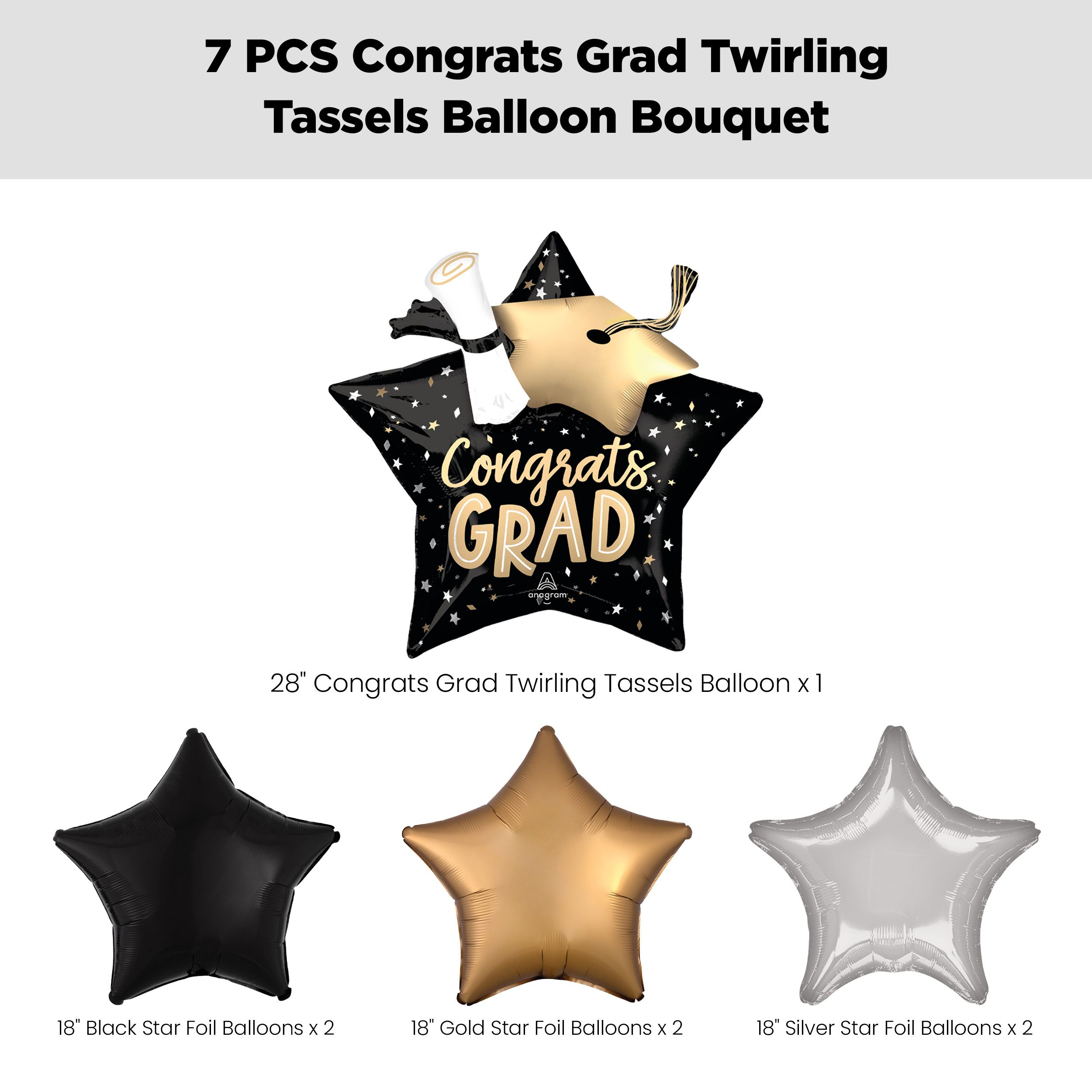 “Congrats Grad” Twirling Tassels Supershape Balloon Bouquet with Star Foil Balloons, Black/Gold/Silver, 7-pk, Helium Inflation & Ribbon Included Front_Flat