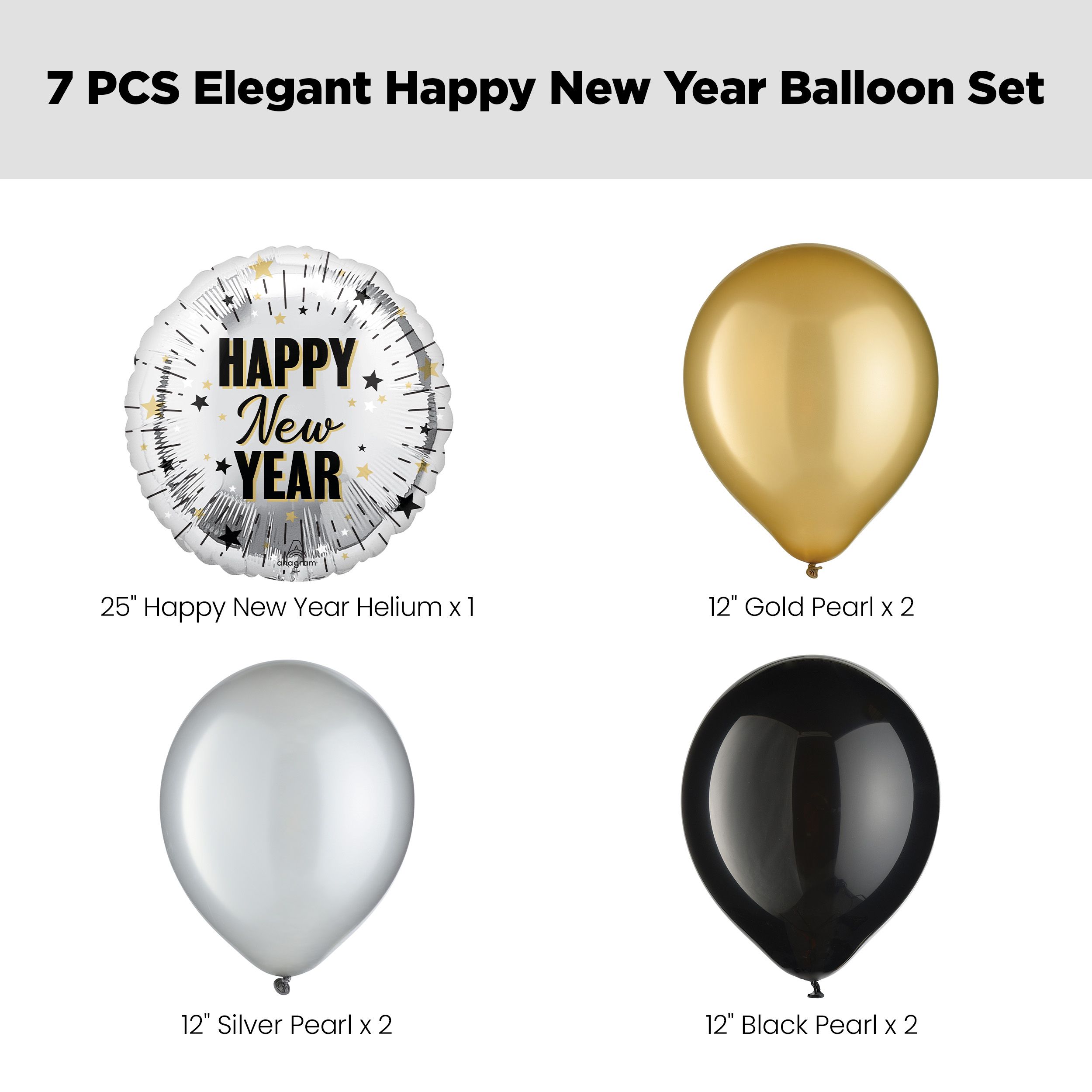 "Happy New Year" Star Fringe Satin Foil Supershape Balloon Bouquet with Pearl Latex Balloons, Gold/Silver/Black, 7-pk, Helium Inflation & Ribbon Included Front_Flat