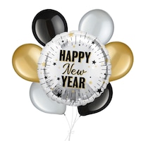 "Happy New Year" Star Fringe Satin Foil Supershape Balloon Bouquet with Pearl Latex Balloons, Gold/Silver/Black, 7-pk, Helium Inflation & Ribbon Included Front_Flat