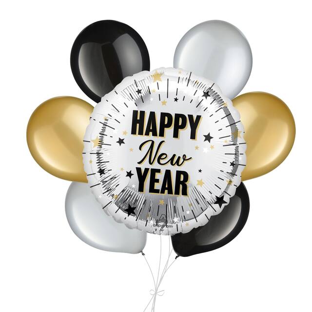 "Happy New Year" Star Fringe Satin Foil Supershape Balloon Bouquet with Pearl Latex Balloons, Gold/Silver/Black, 7-pk, Helium Inflation & Ribbon Included Front_Flat