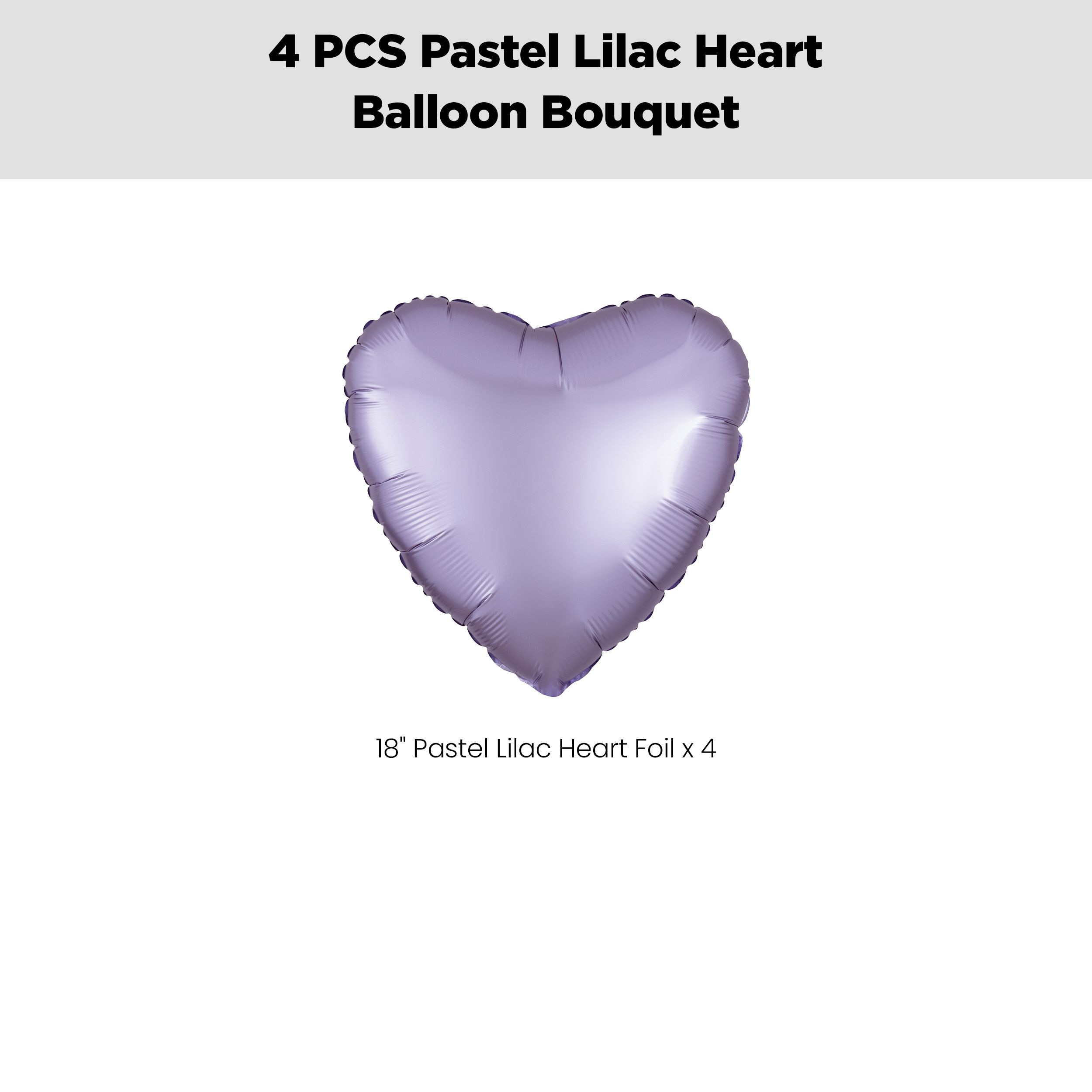 Heart Foil Balloon Bouquet, Pastel Lilac, 4-pk, Helium Inflation & Ribbon Included for Birthday/Special Occasion Front_Flat
