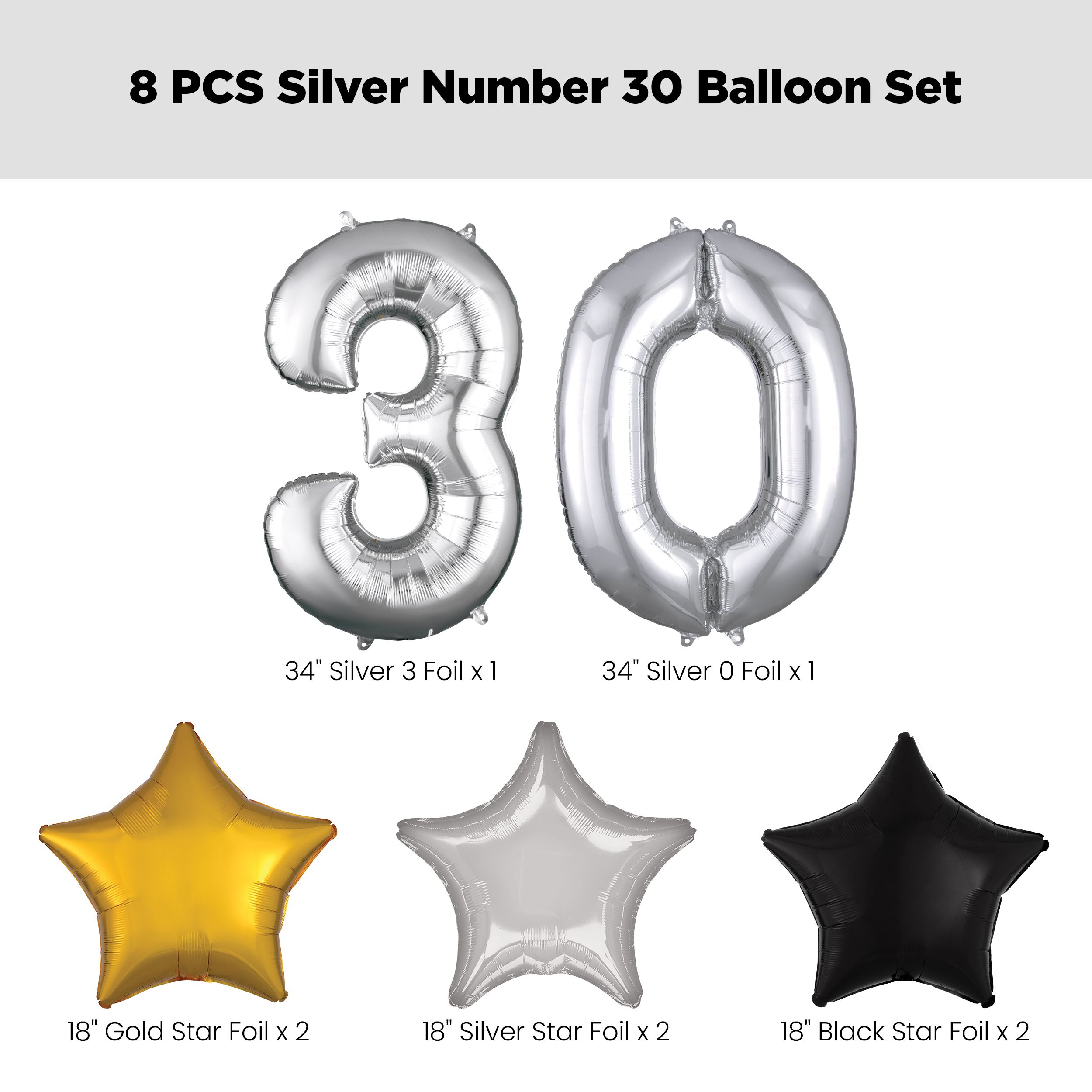 Number "30" Silver Balloon Bouquet with Star Foil Balloons, Silver/Black/Gold, 8-pk, Helium Inflation & Ribbon Included for Birthday/Anniversary Front_Flat