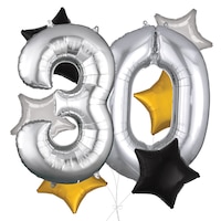 Bouquet de ballons, chiffre 30 argenté avec ballons en aluminium en forme d'étoile, argent/noir/or, paq. 8, gonflage à l'hélium et ruban inclus pour anniversaire