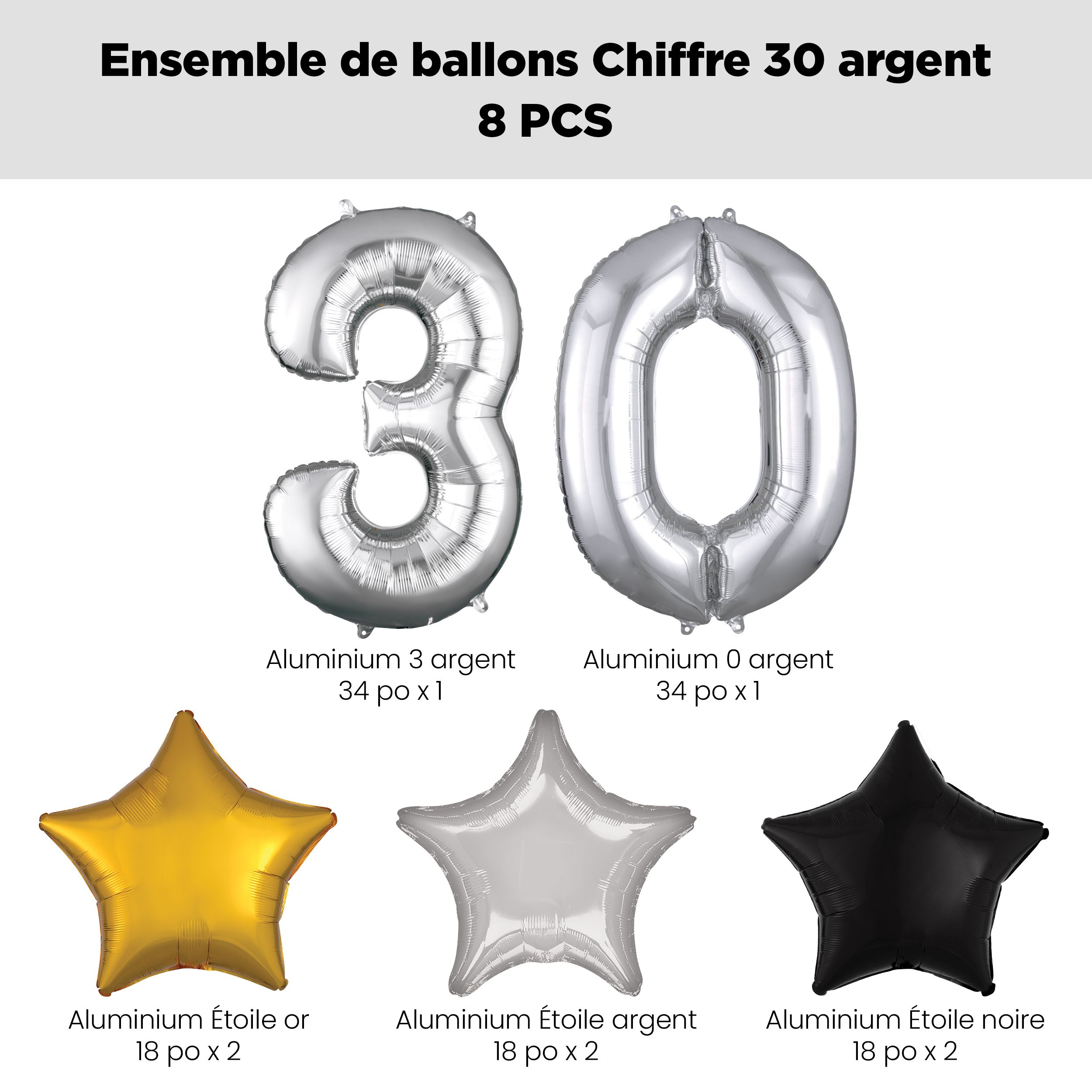 Bouquet de ballons, chiffre 30 argenté avec ballons en aluminium en forme d'étoile, argent/noir/or, paq. 8, gonflage à l'hélium et ruban inclus pour anniversaire Front_Flat