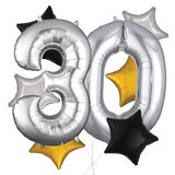 Number "30" Silver Balloon Bouquet with Star Foil Balloons, Silver/Black/Gold, 8-pk, Helium Inflation & Ribbon Included for Birthday/Anniversary Front_Flat