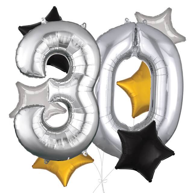 Number "30" Silver Balloon Bouquet with Star Foil Balloons, Silver/Black/Gold, 8-pk, Helium Inflation & Ribbon Included for Birthday/Anniversary Front_Flat