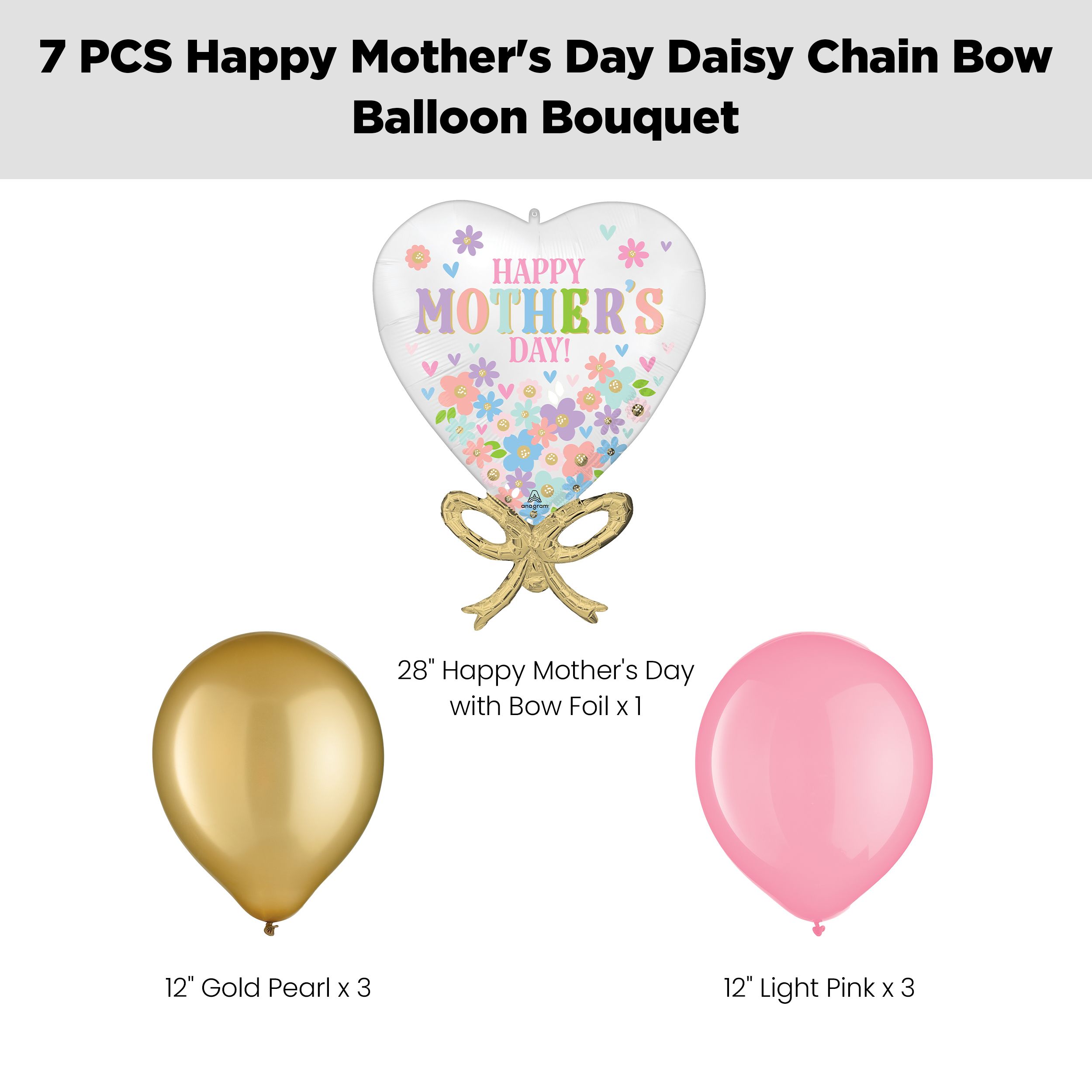 “Happy Mother’s Day” Daisy Chain Bow Supershape Balloon Bouquet with Latex Balloons, Gold/Pink, 7-pk, Helium Inflation & Ribbon Included Front_Flat