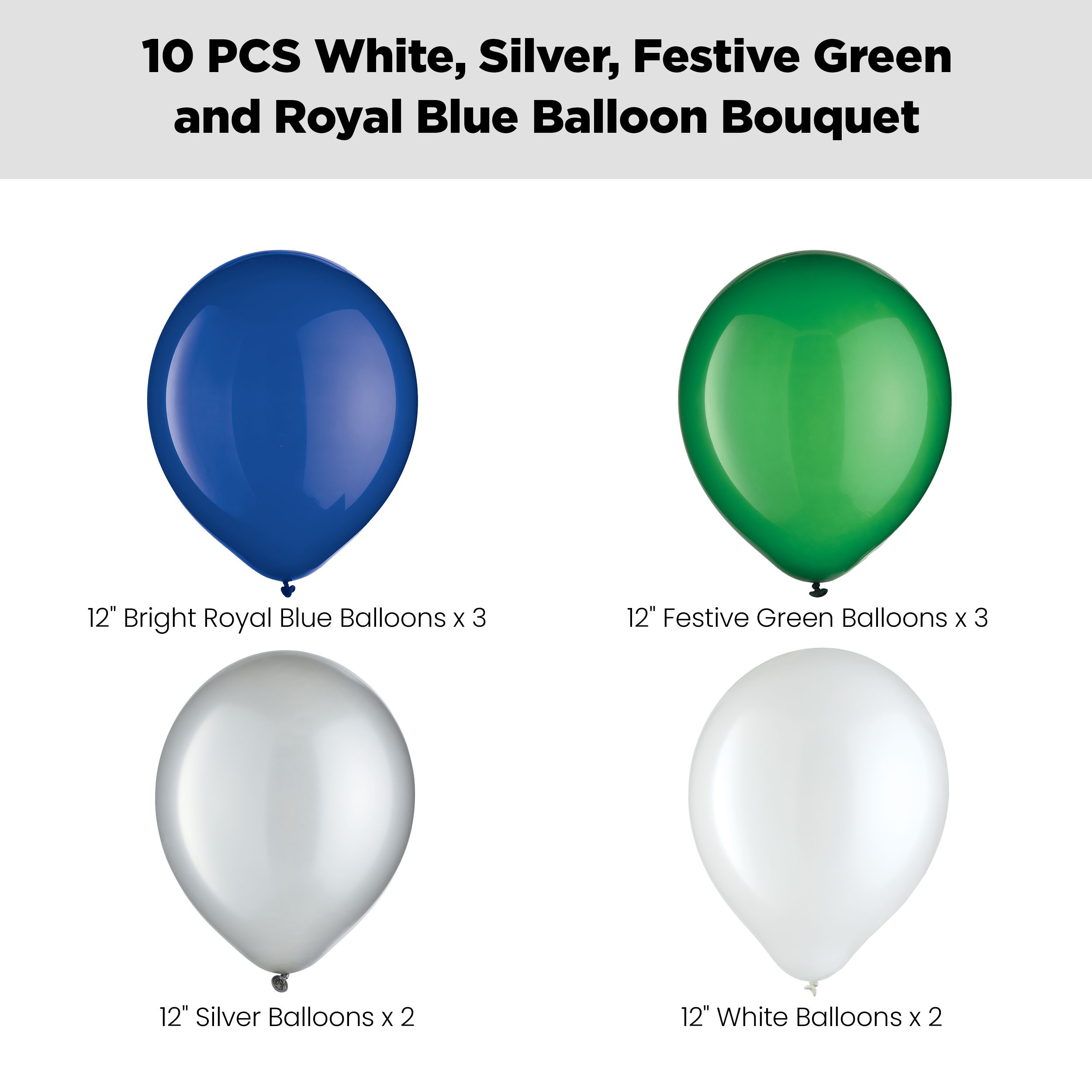 Round Latex Balloon Bouquet, White/Silver/Festive Green/Royal Blue, 10-pk, Helium Inflation & Ribbon Included Front_Flat