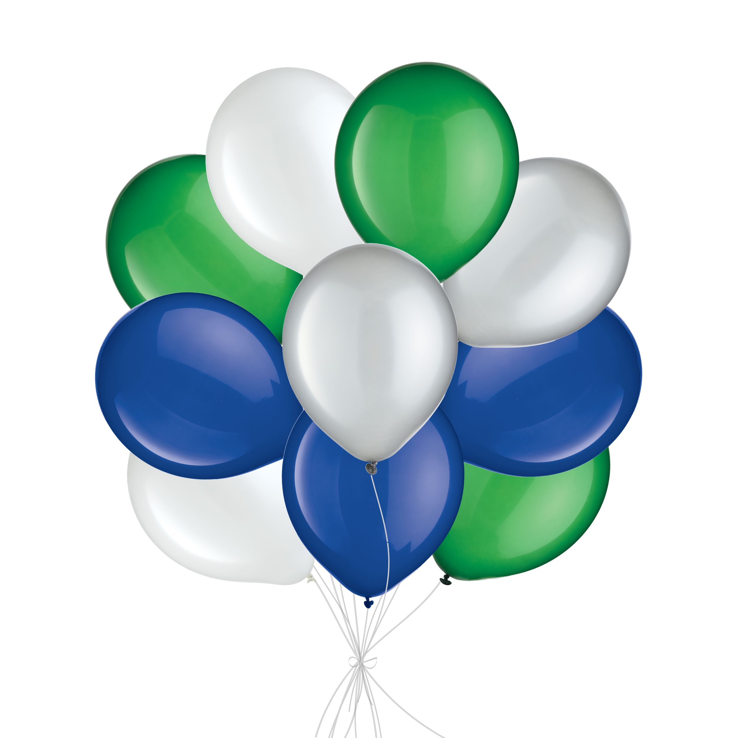 Bouquet de ballons ronds en latex, blanc, argent, vert festif, bleu royal, 10 pce, gonflage à l’hélium et ruban compris Front_Flat