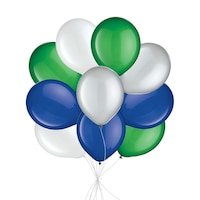 Round Latex Balloon Bouquet, White/Silver/Festive Green/Royal Blue, 10-pk, Helium Inflation & Ribbon Included